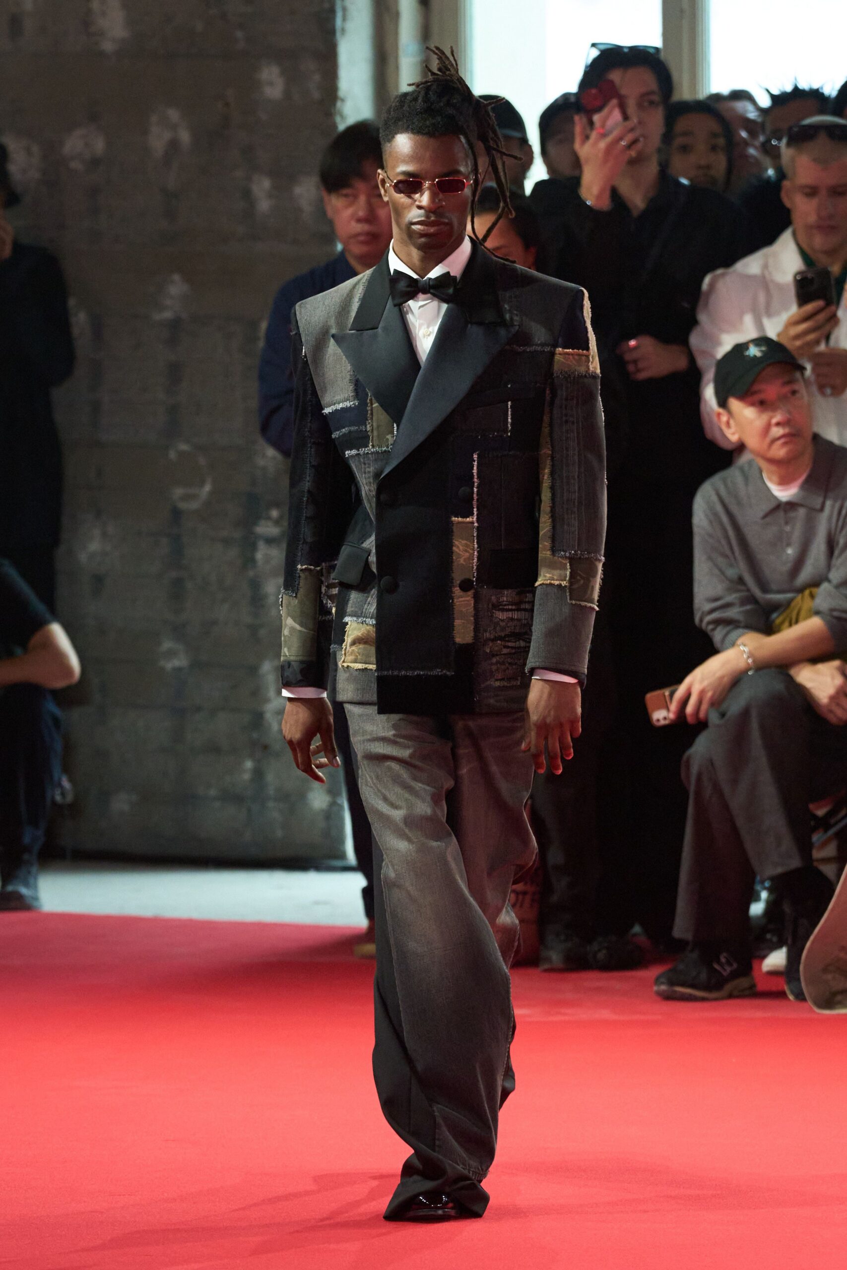 black patchwork blazer with gray pants