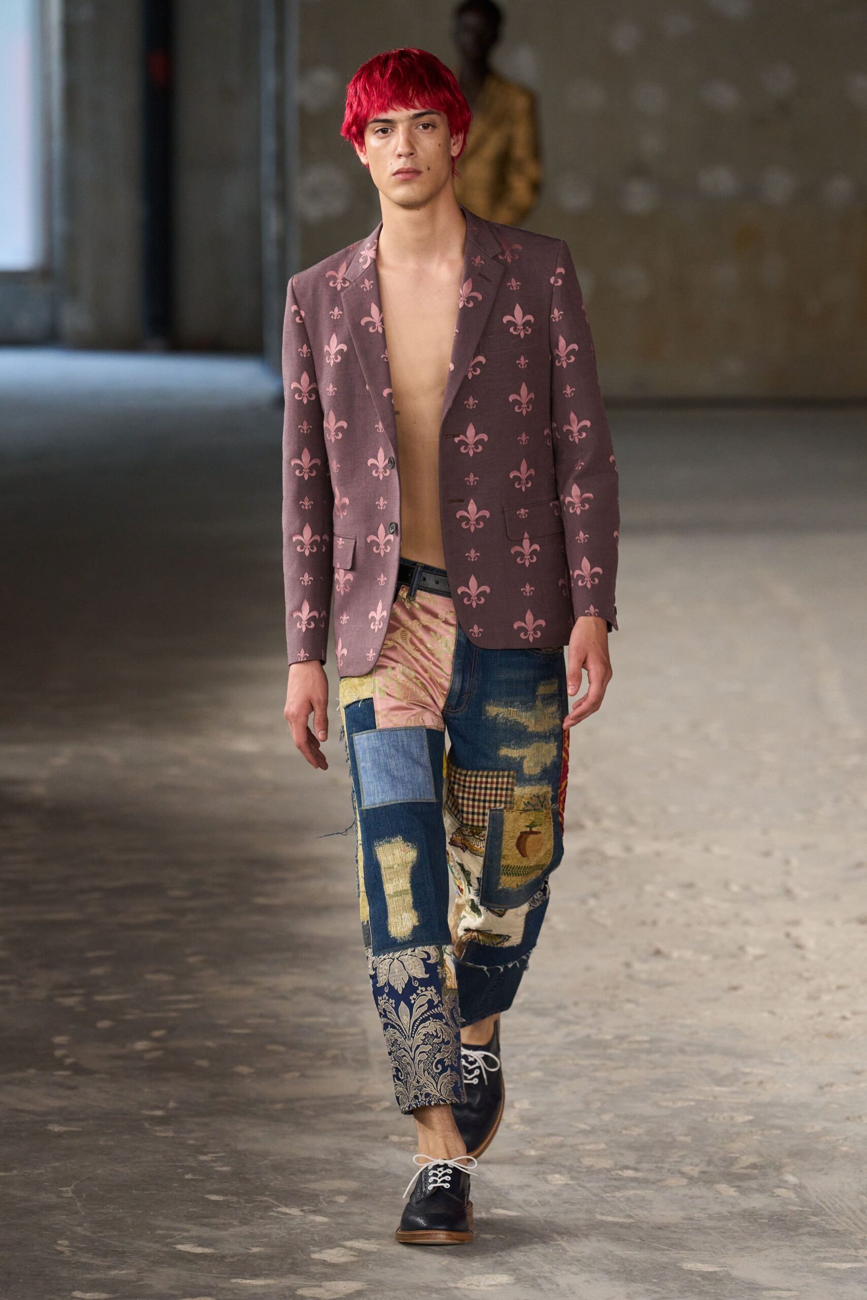 purple printed blazer with patchwork pants