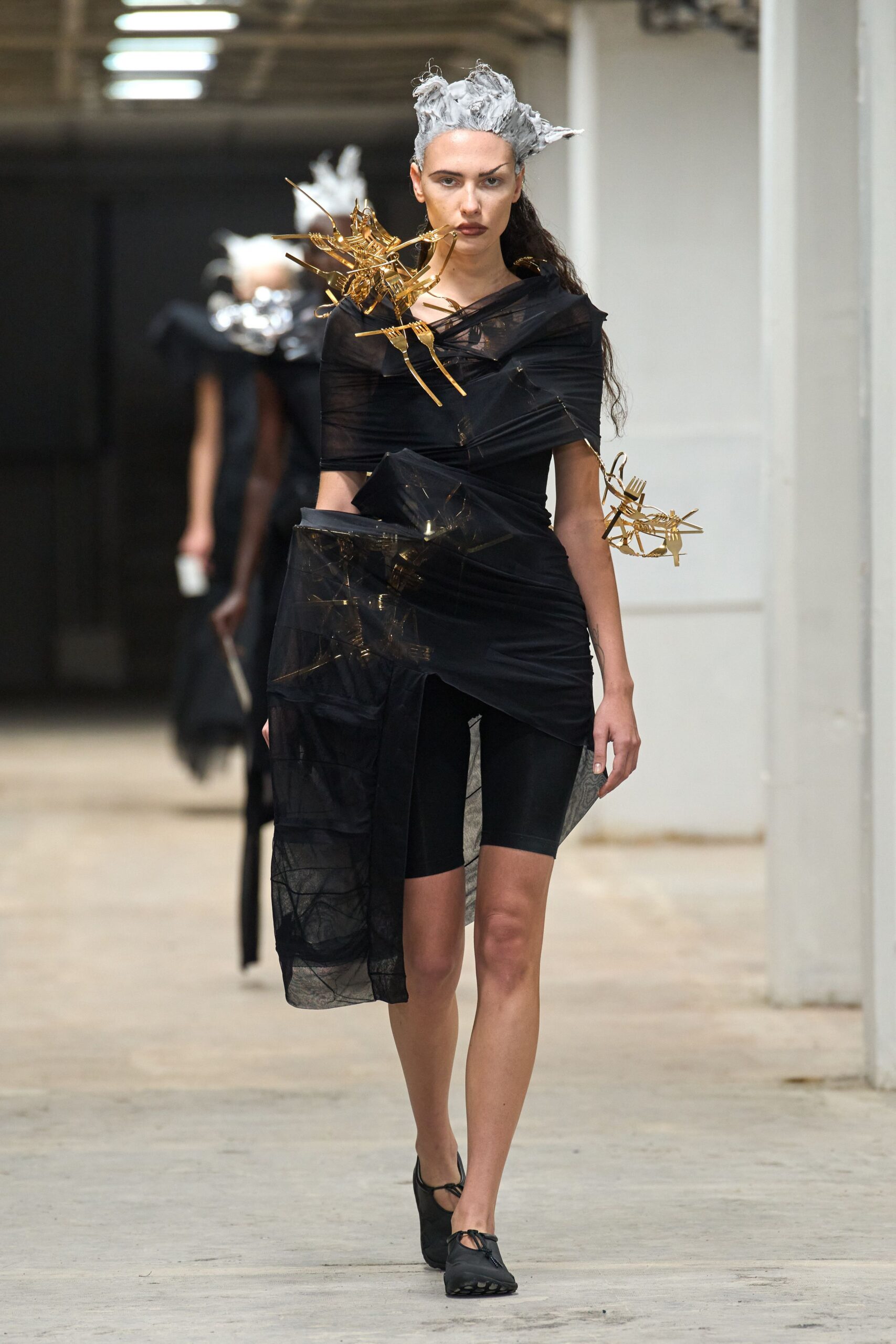 black silk short-sleeve v-neck fitted draped sheer dress