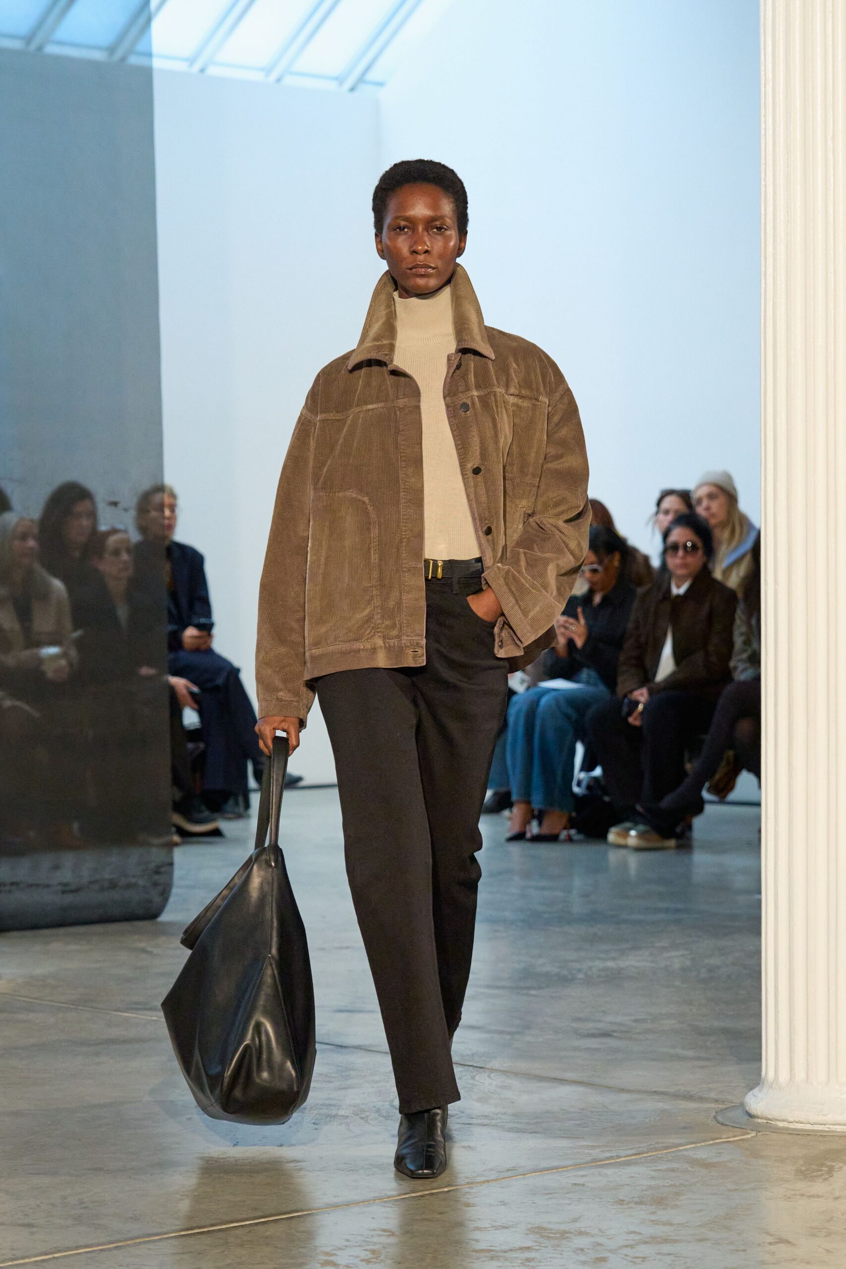 brown relaxed jacket beige turtleneck