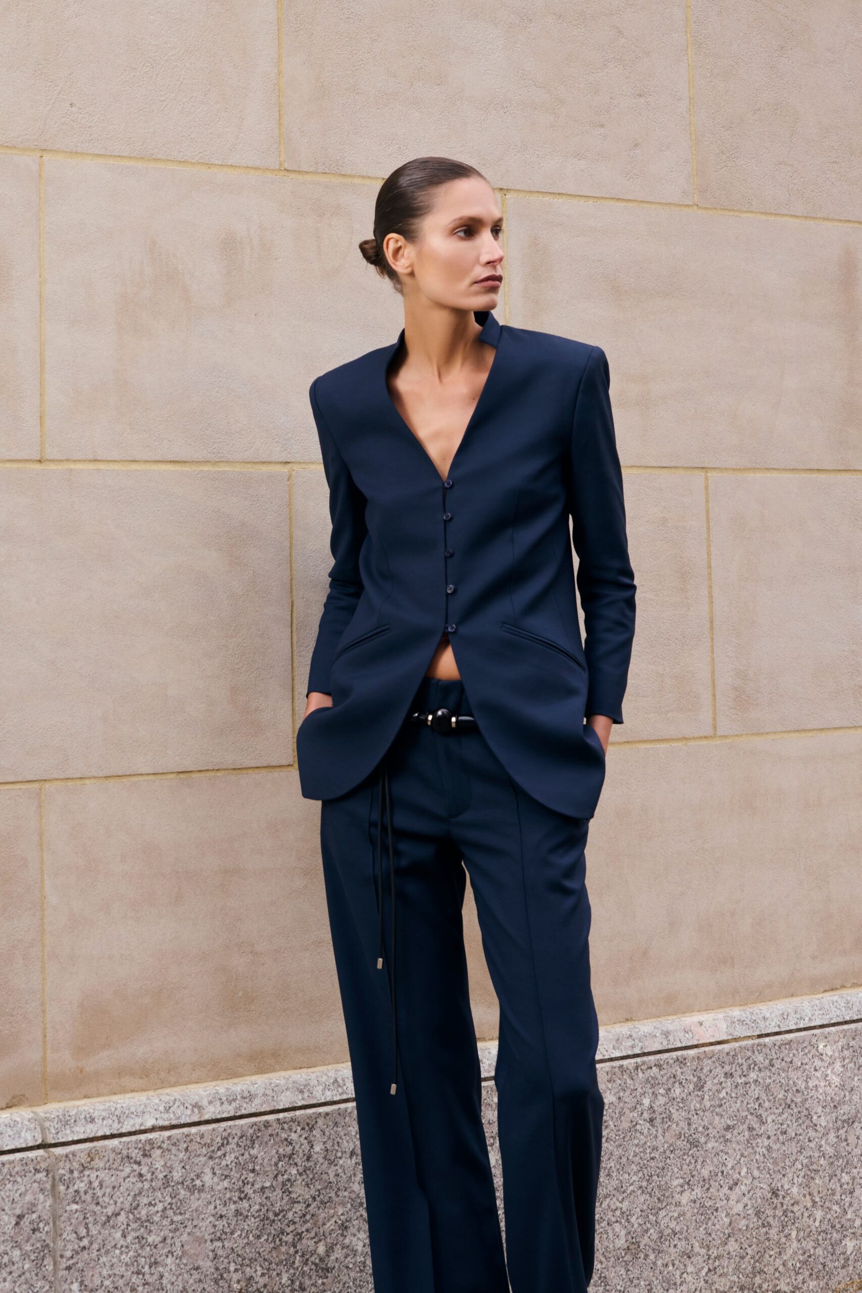 blue cotton long-sleeve v-neck tailored buttoned blazer
