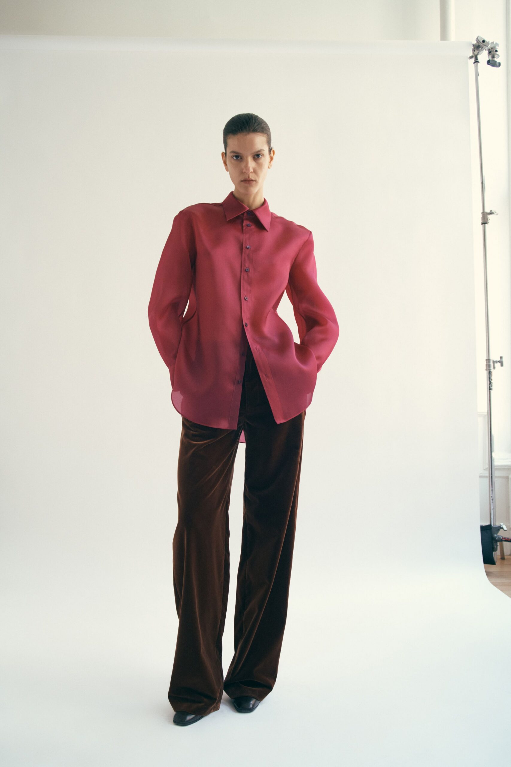 pink silk long-sleeve collared relaxed buttoned sheer shirt