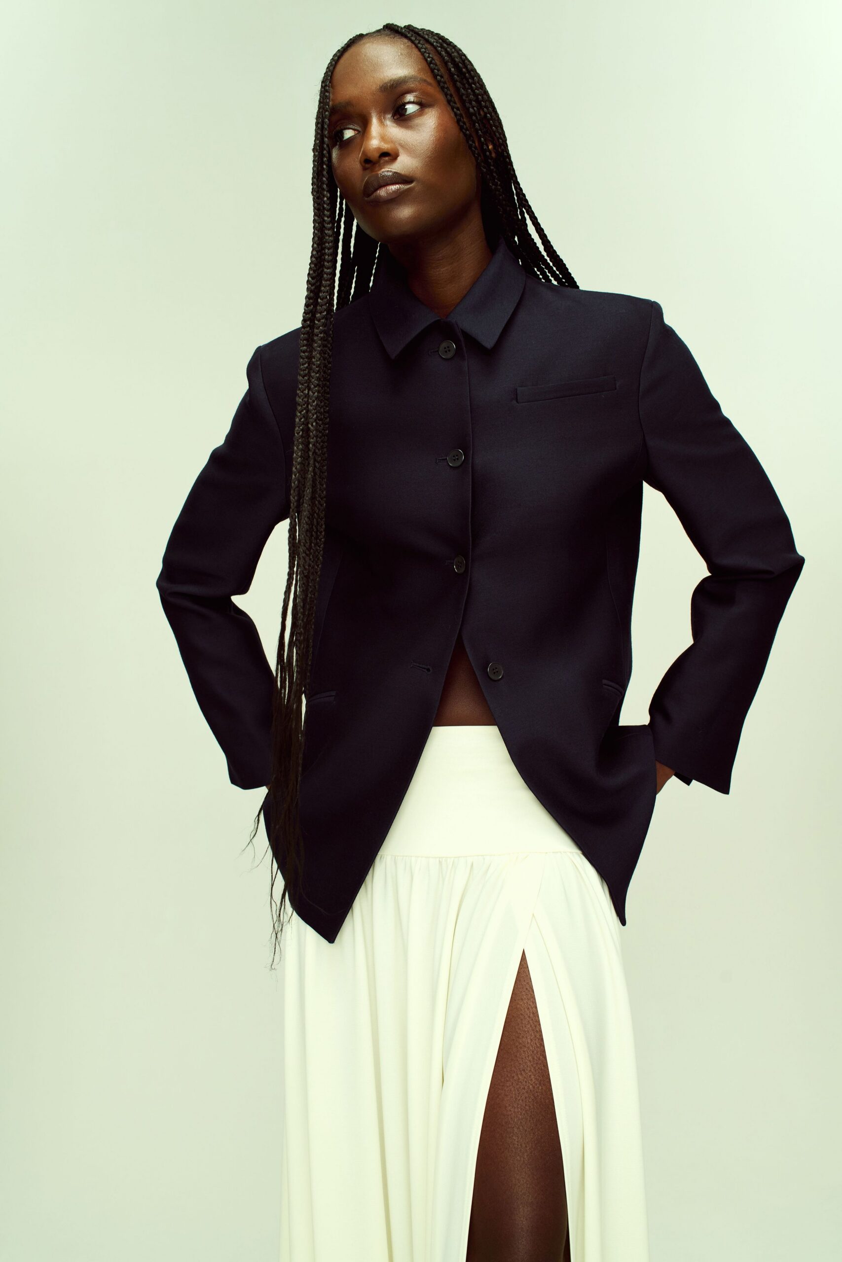 white cotton slit fitted high-waisted skirt