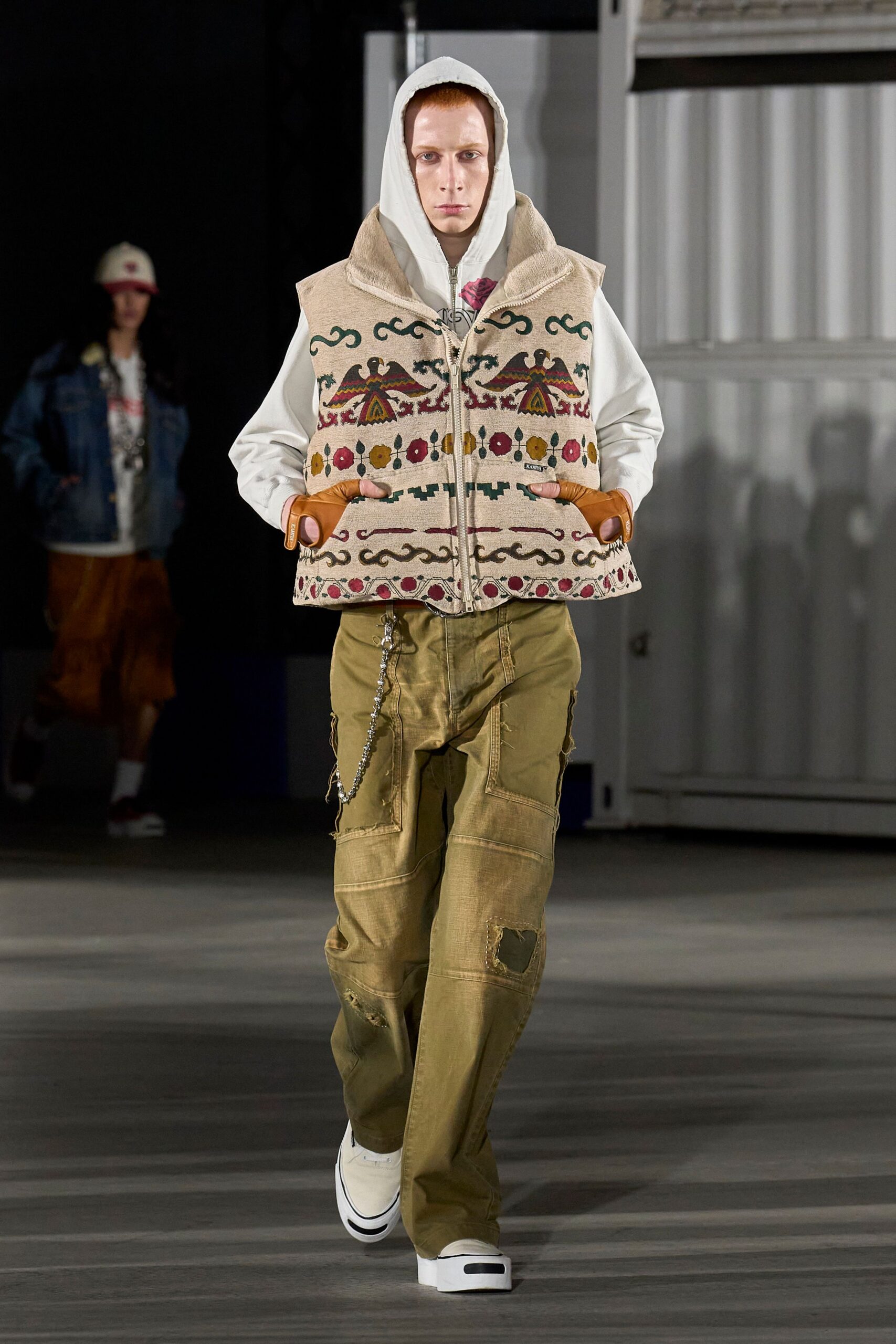 beige embroidered vest with hoodie