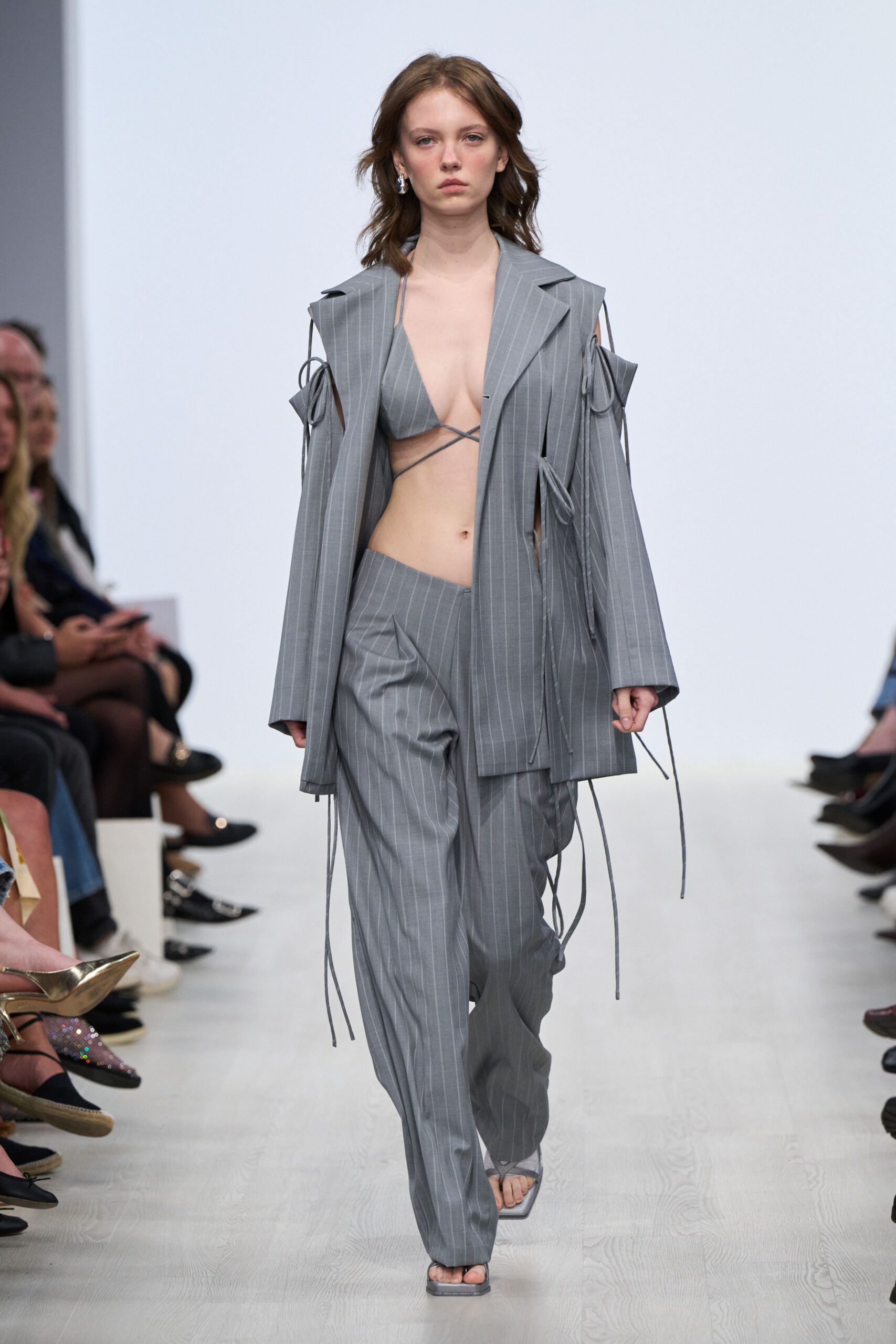 gray cotton long-sleeve collared relaxed striped buttoned jacket