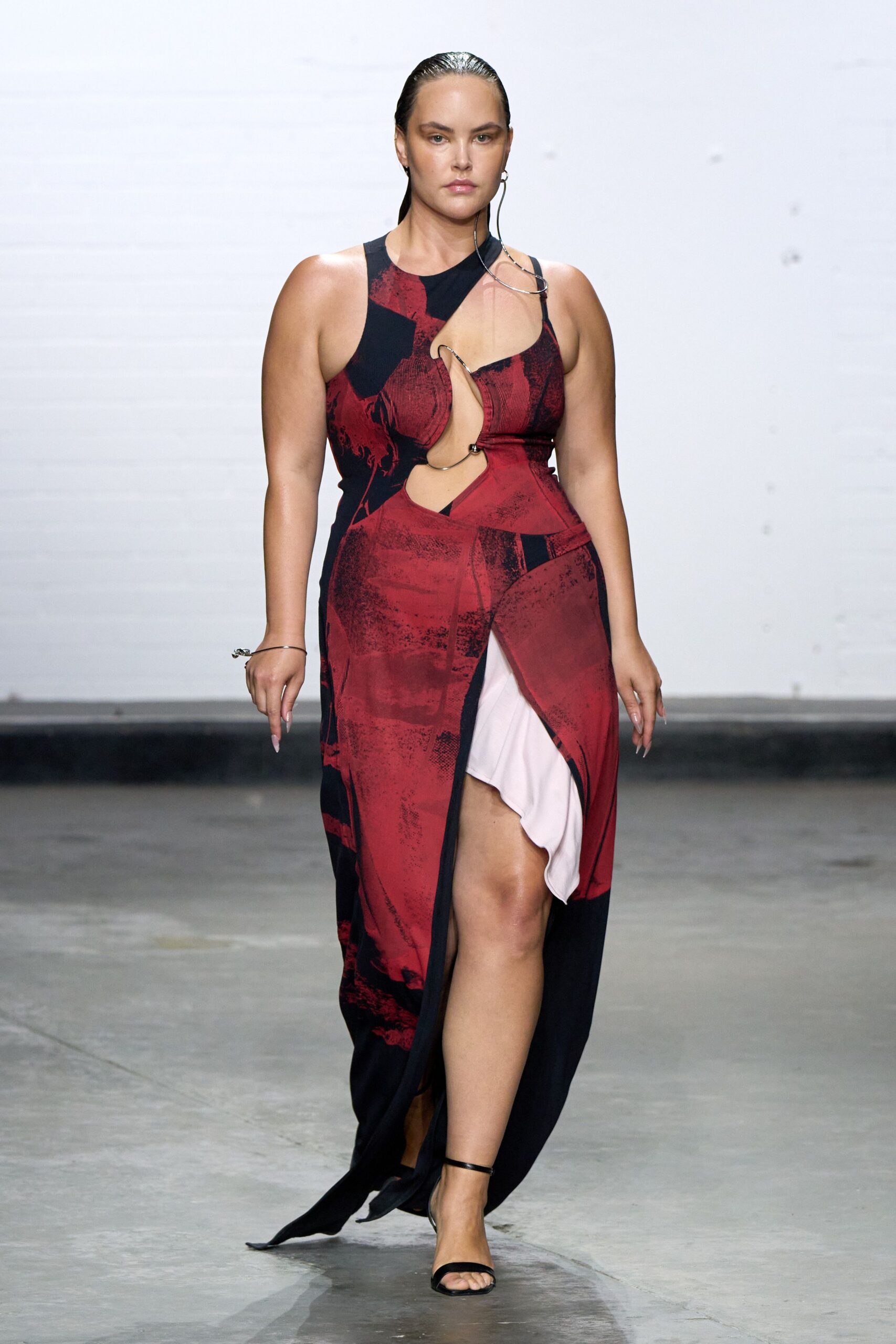 fitted red black maxi dress with cutouts