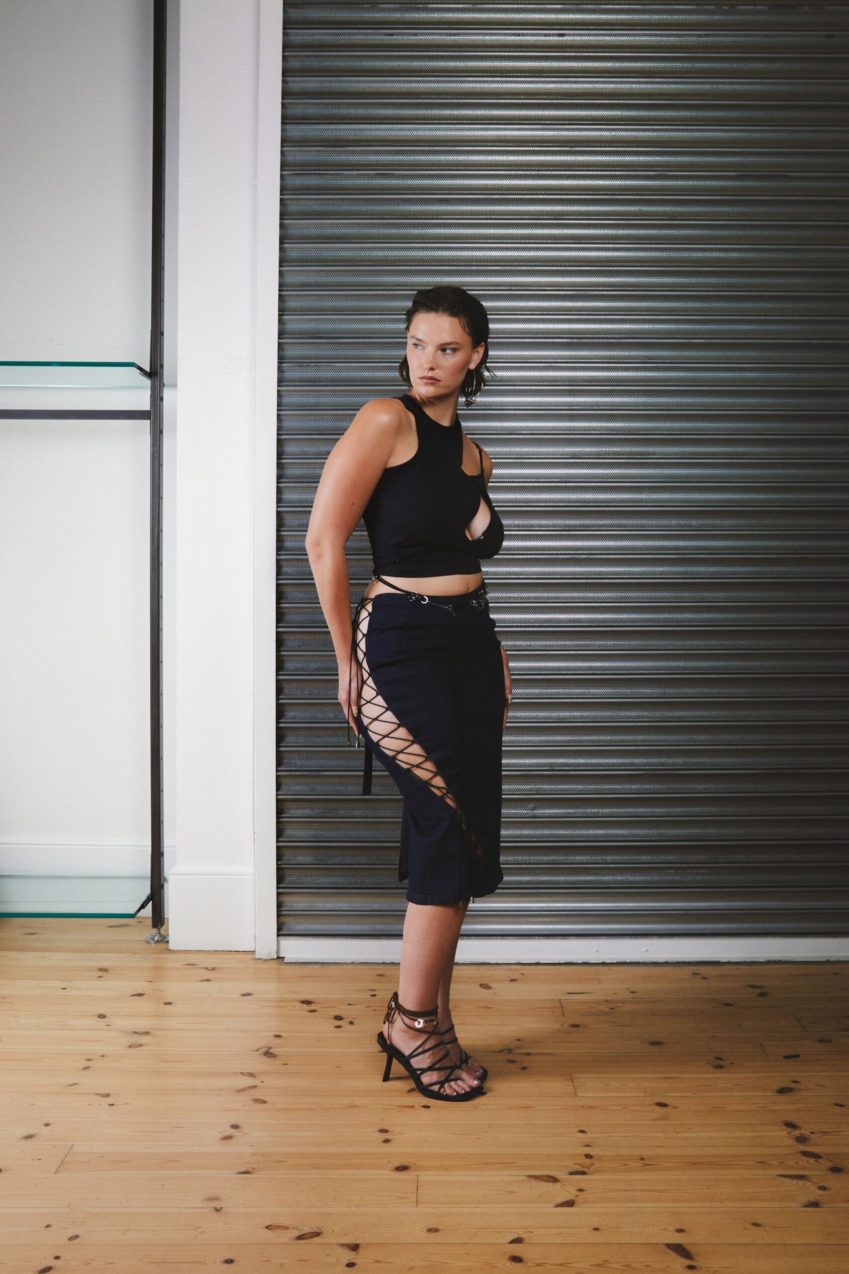 black fitted top and skirt