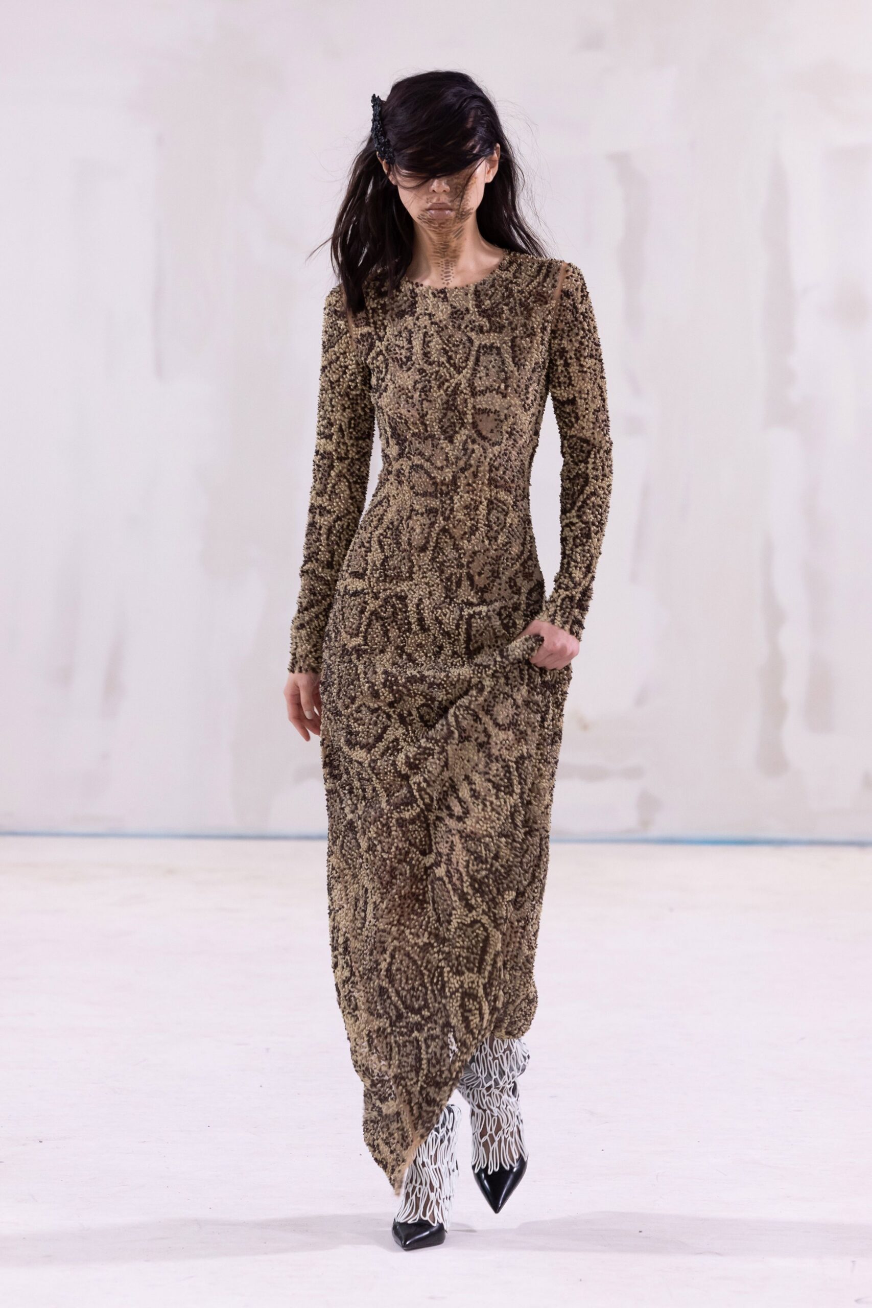 brown animal-print fitted gown with white boots
