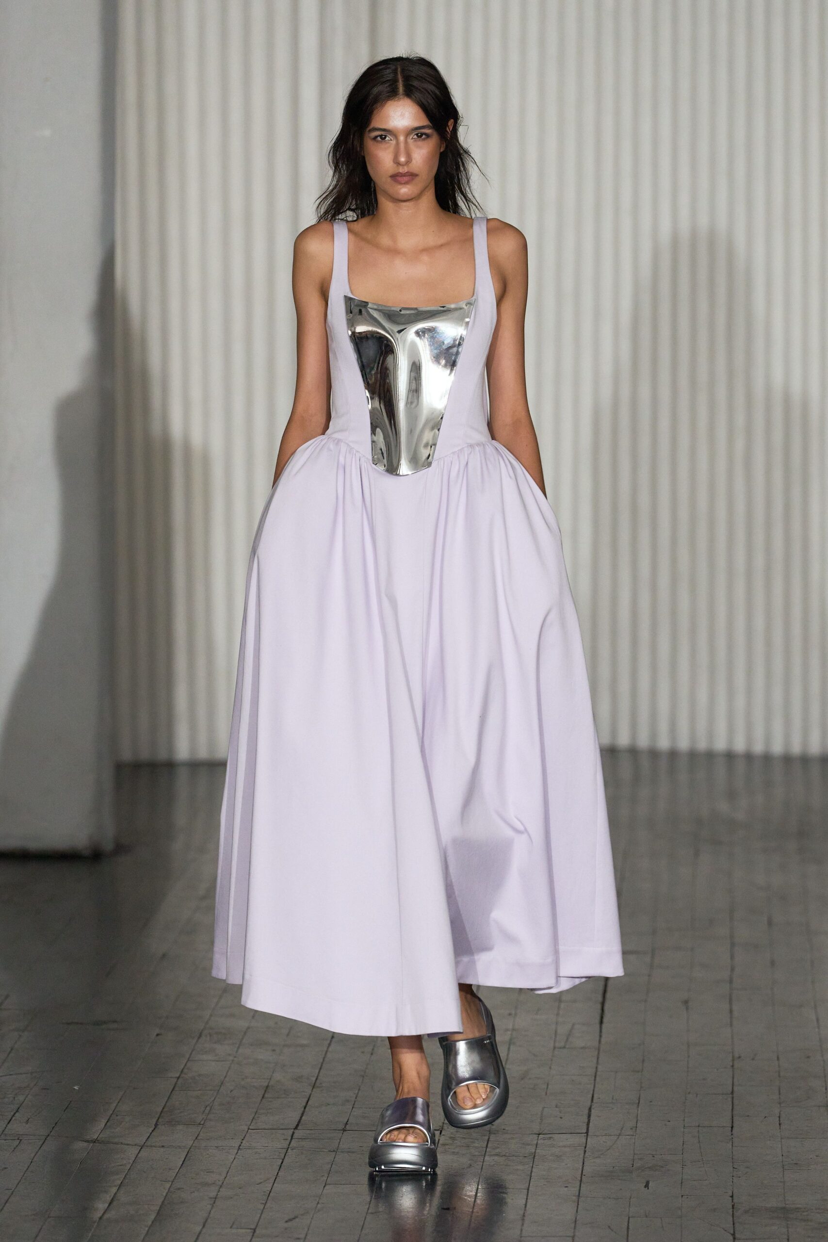 lavender pleated maxi dress with silver shoes