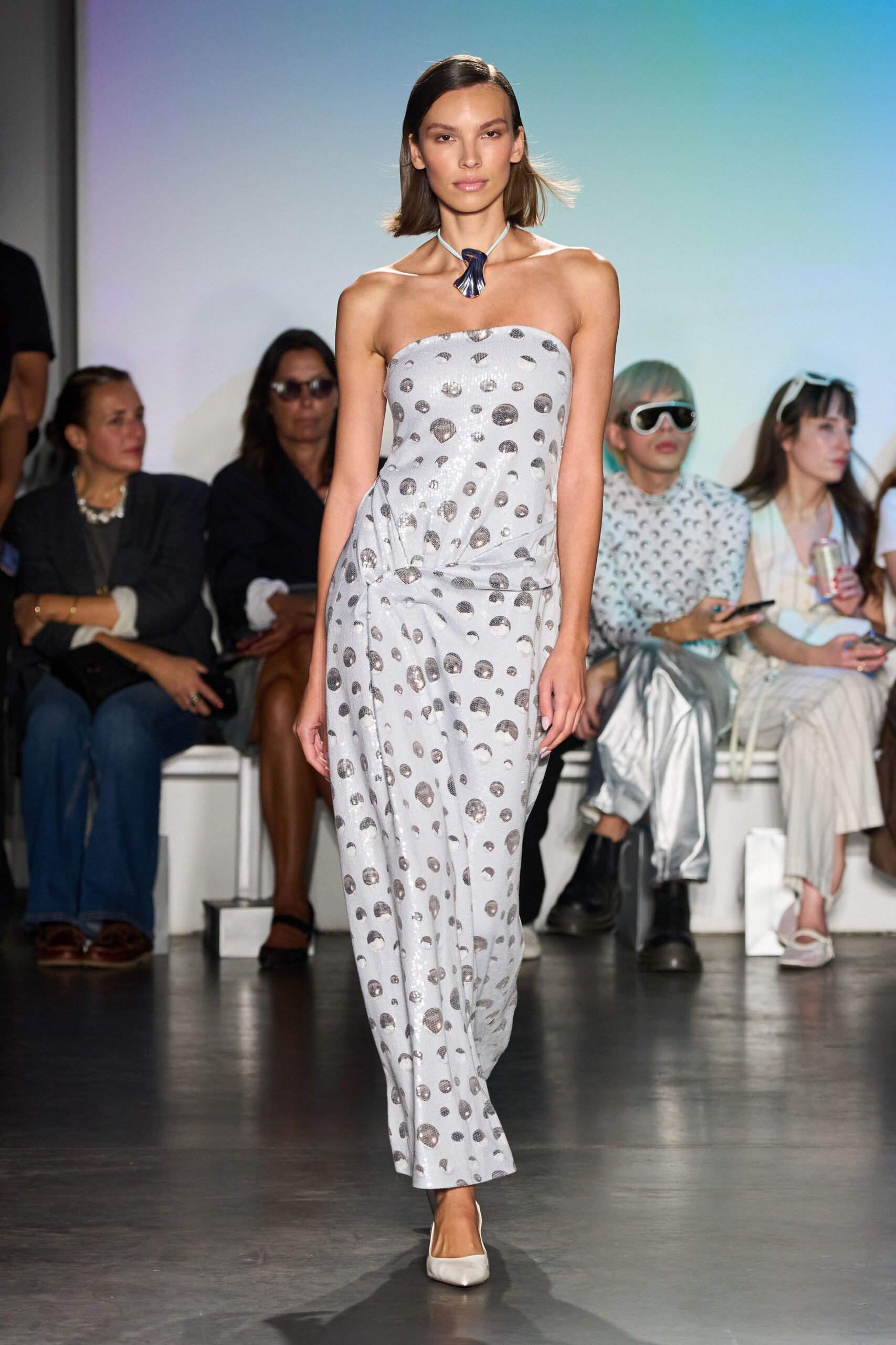 gray printed strapless gown