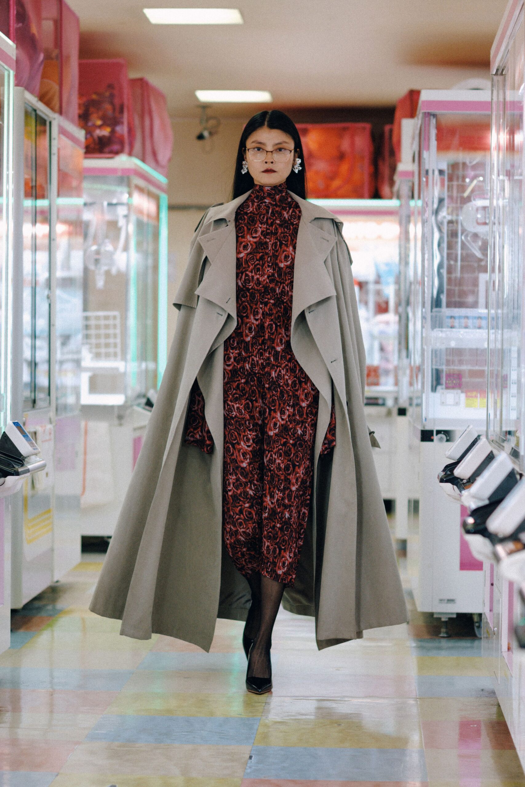 beige wool long-sleeve collared oversized belted maxi coat