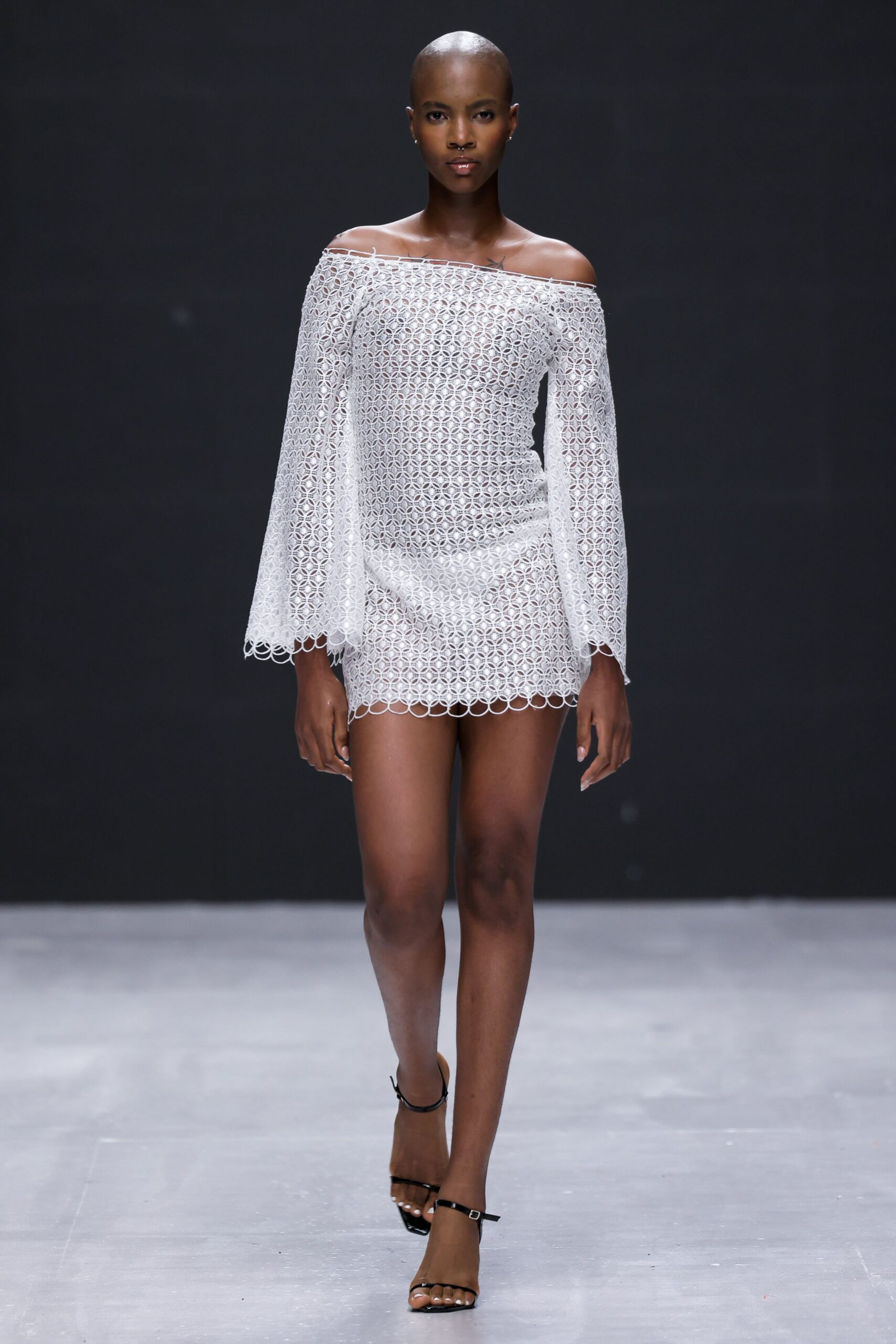 white lace long-sleeve off-shoulder fitted pleated sheer dress