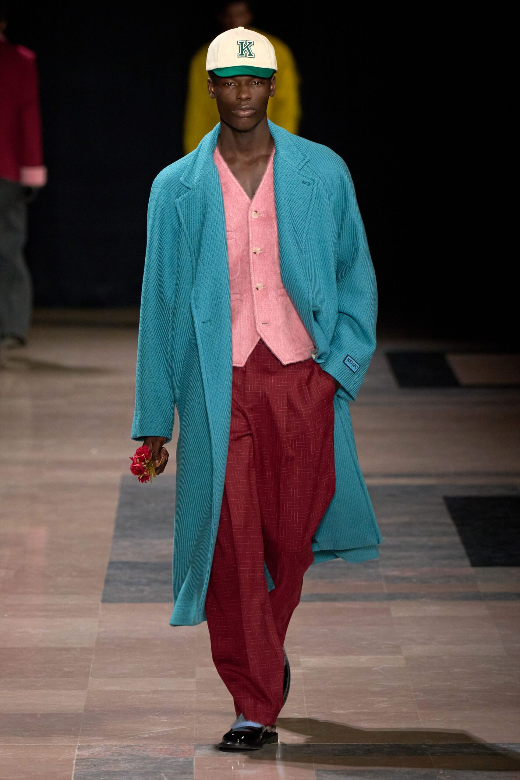 blue wool coat with pink blazer