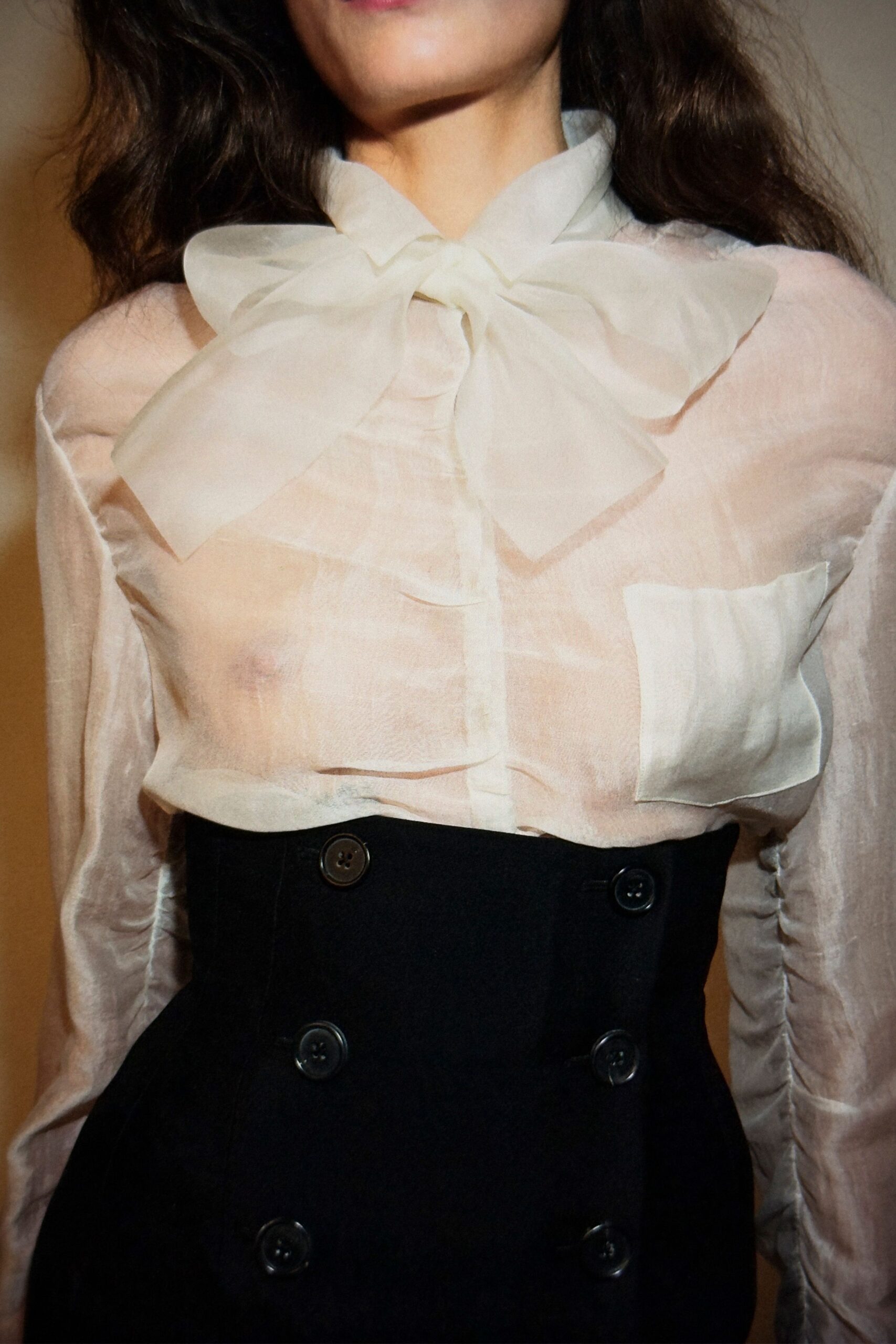 white silk long-sleeve collared fitted pleated sheer blouse