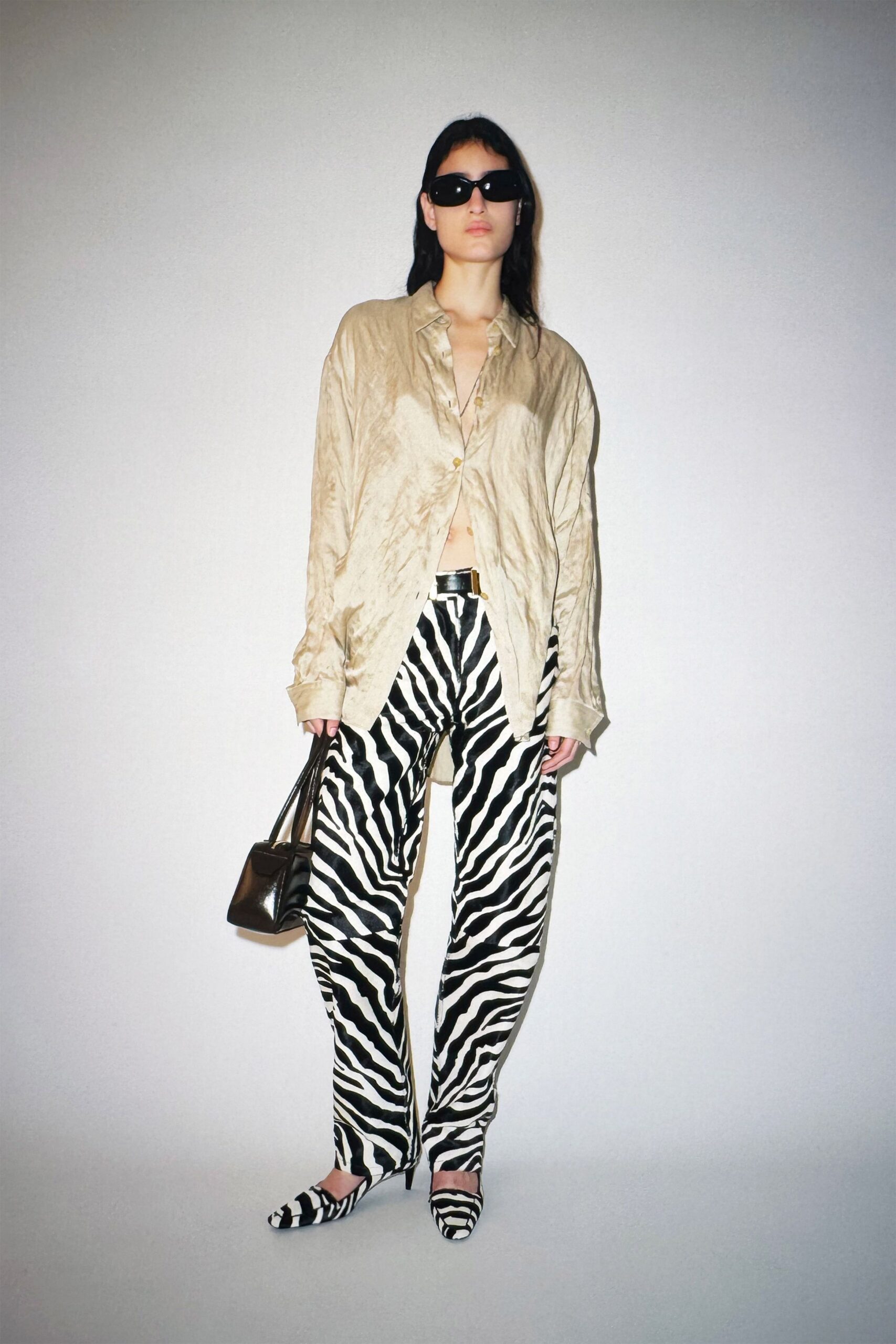 beige silk relaxed shirt with zebra pants