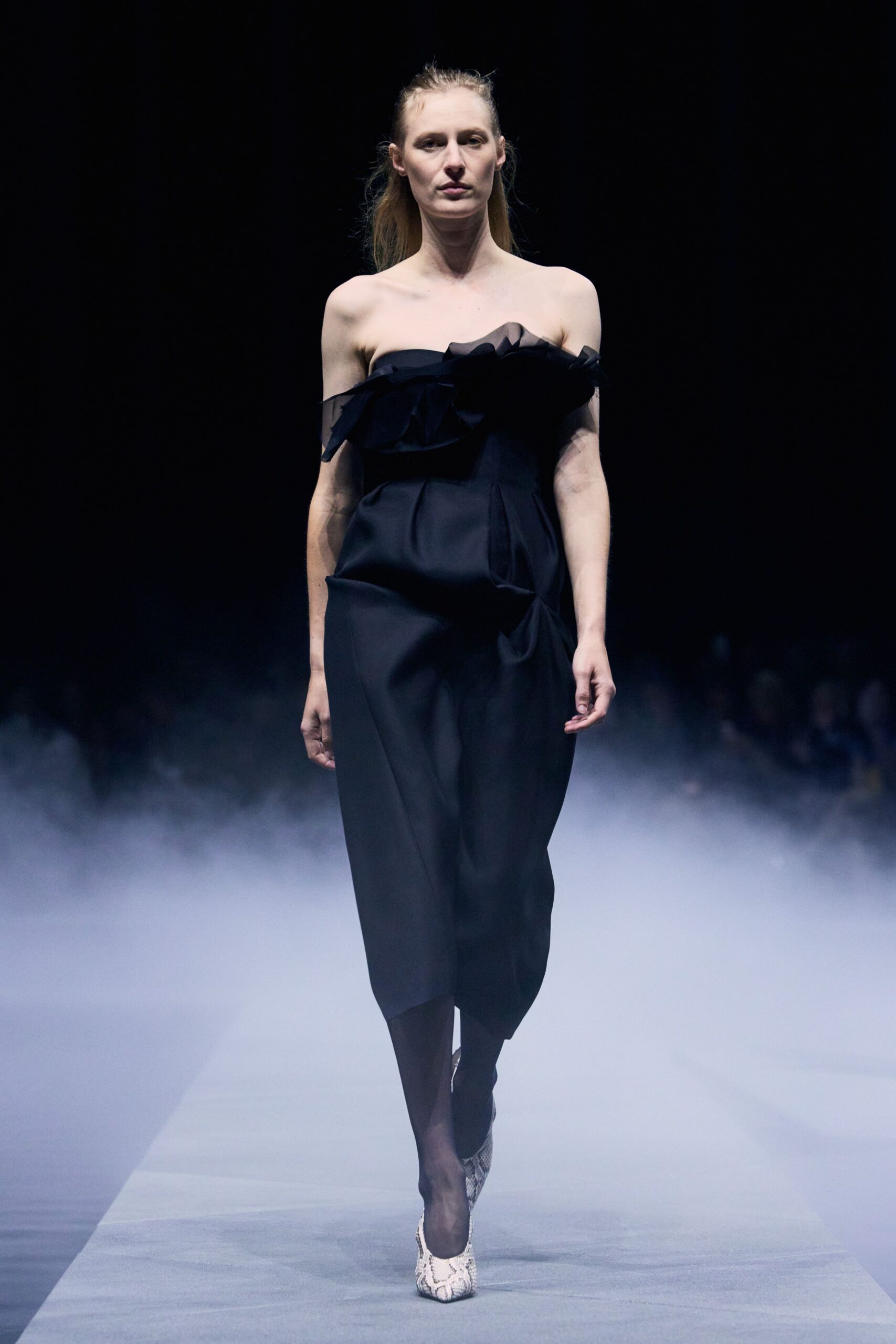 black silk strapless off-shoulder fitted ruffled midi dress