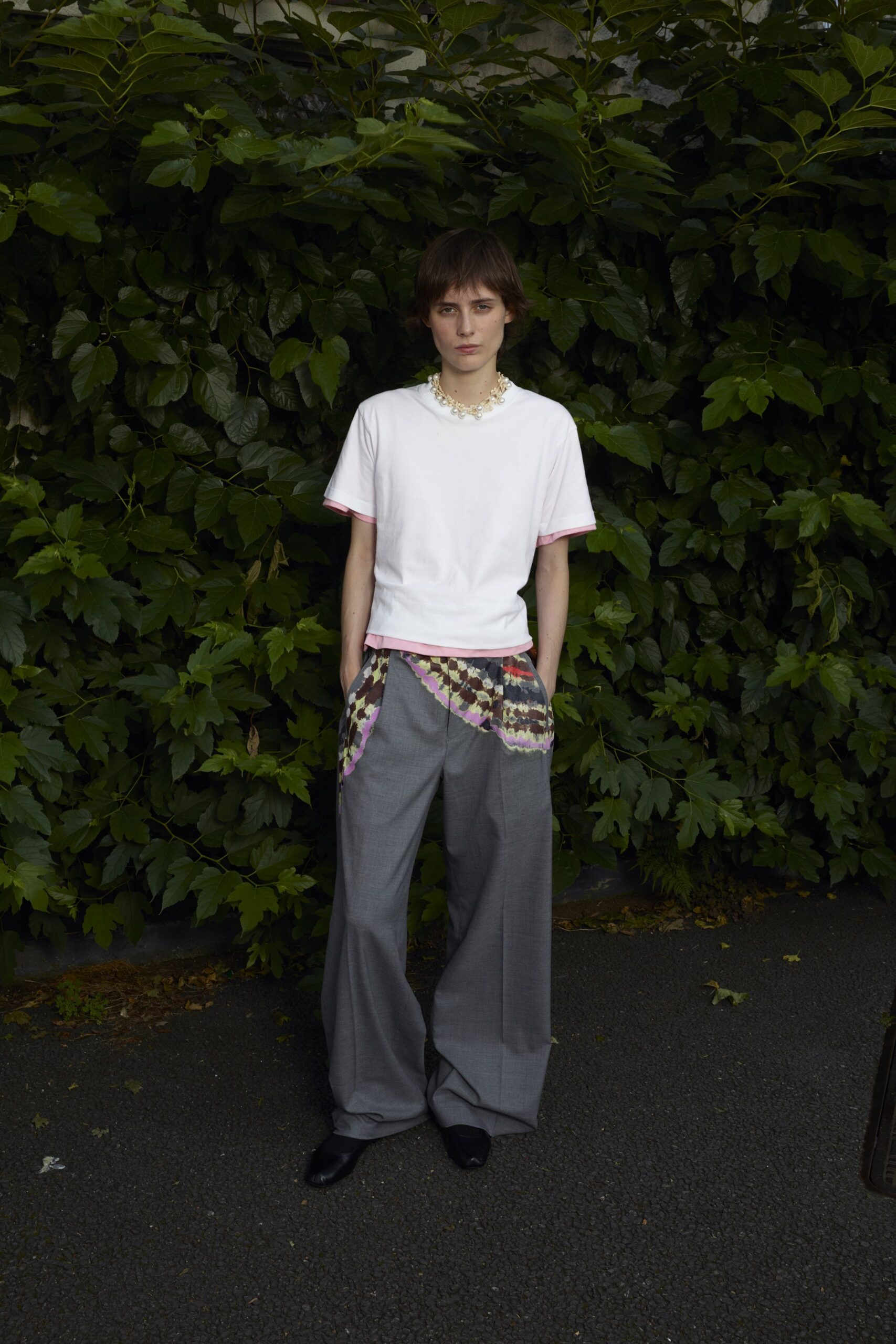 white t-shirt gray wide-leg pants