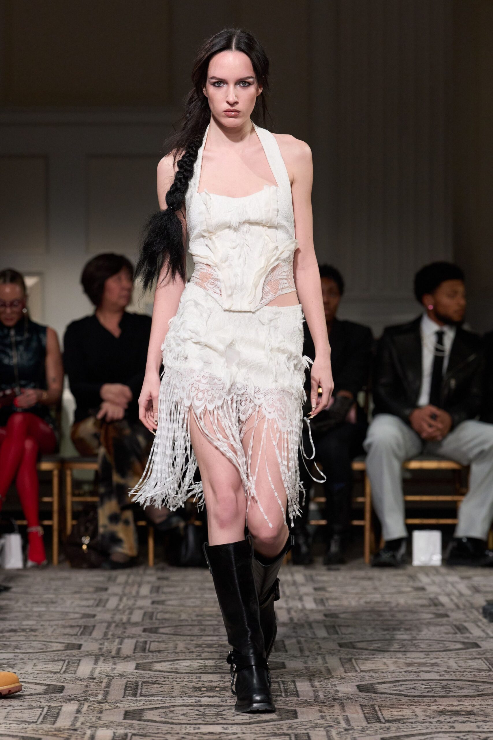 white fringed mini dress with black boots