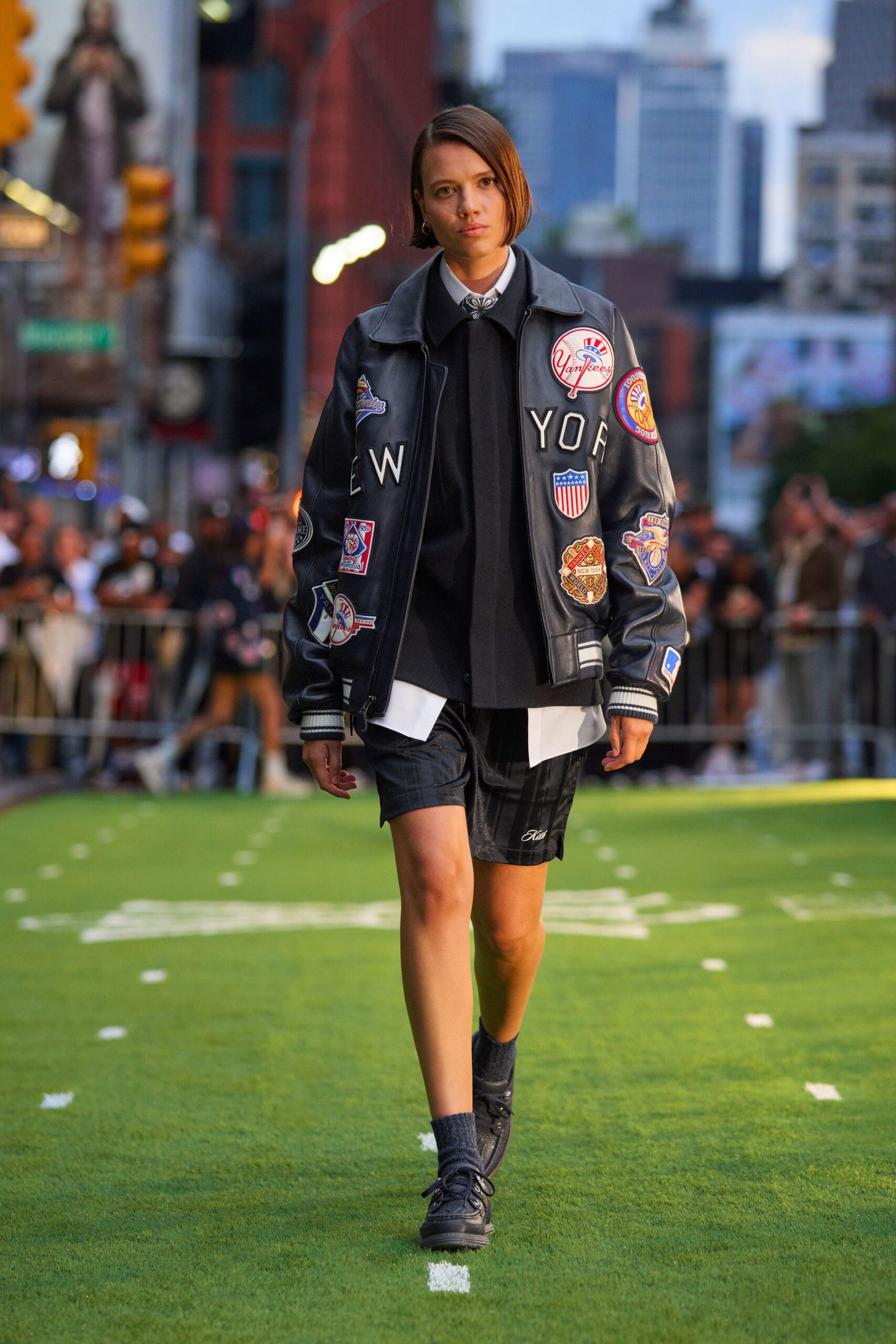 black leather long-sleeve collared relaxed embroidered jacket