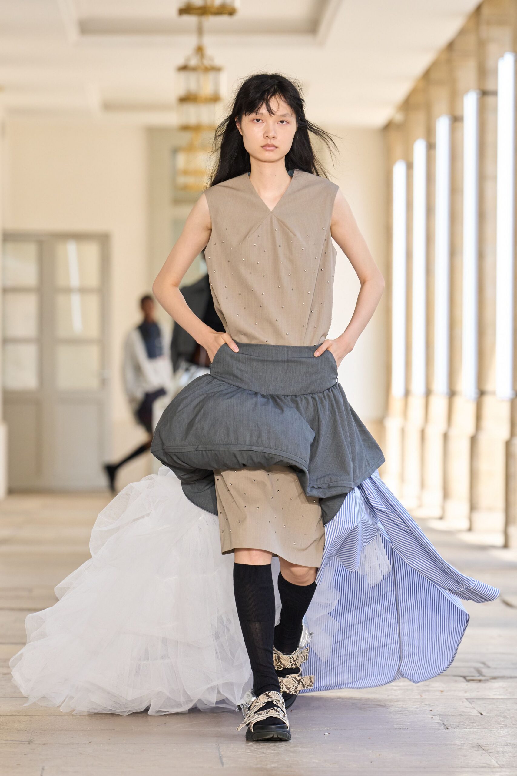 beige cotton sleeveless v-neck fitted pleated layered dress