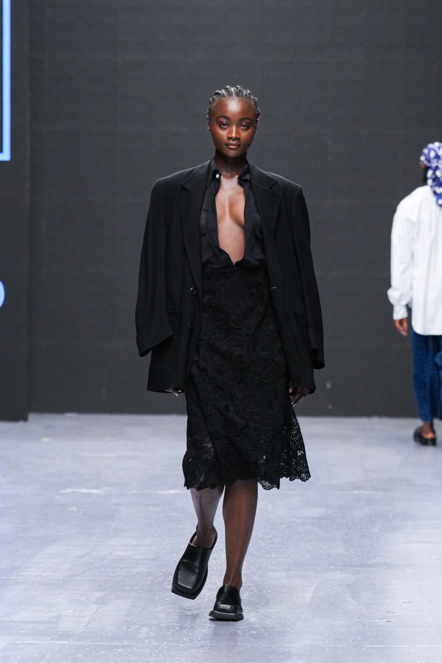 black oversized blazer and lace midi dress