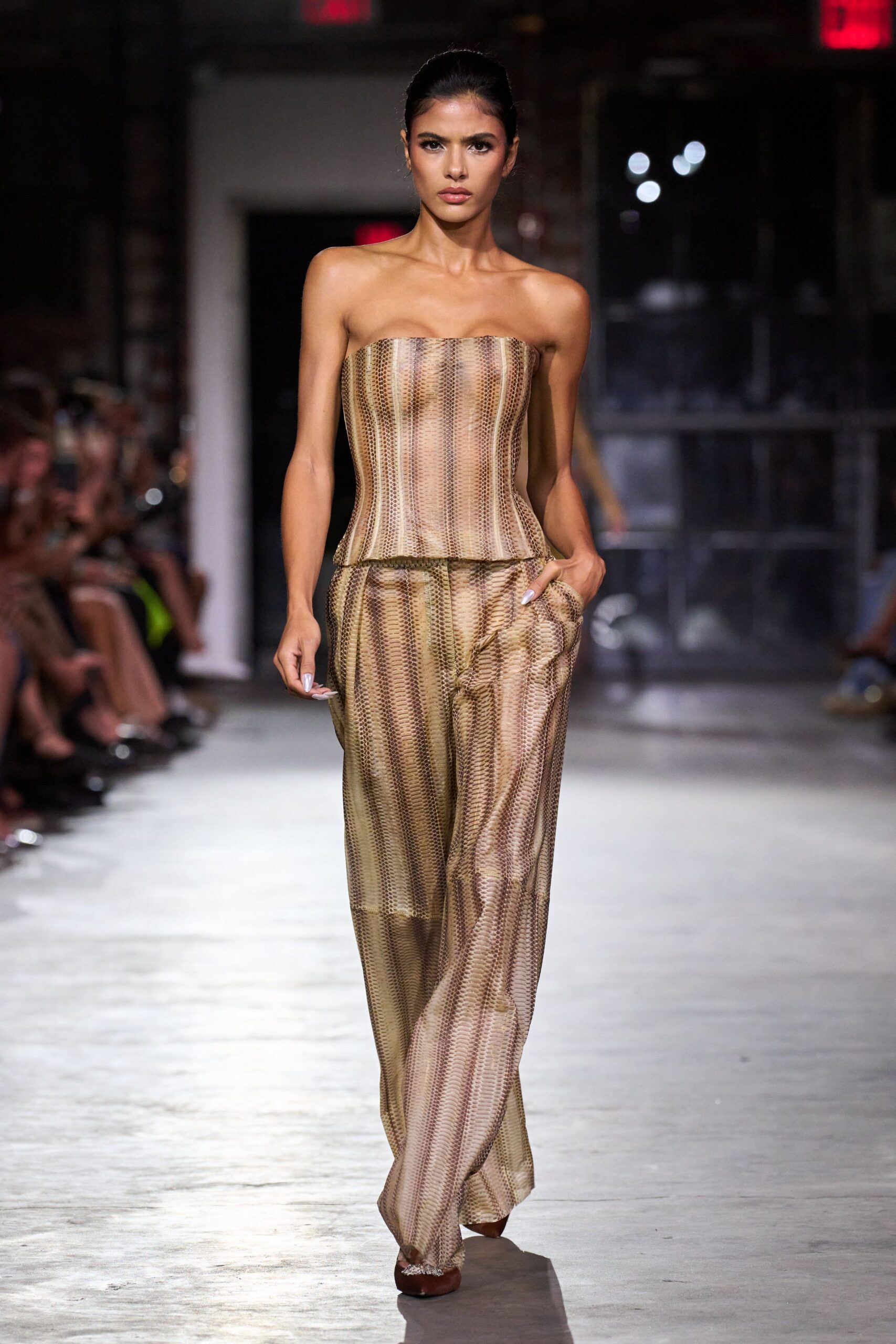 beige silk strapless fitted pleated flowing jumpsuit