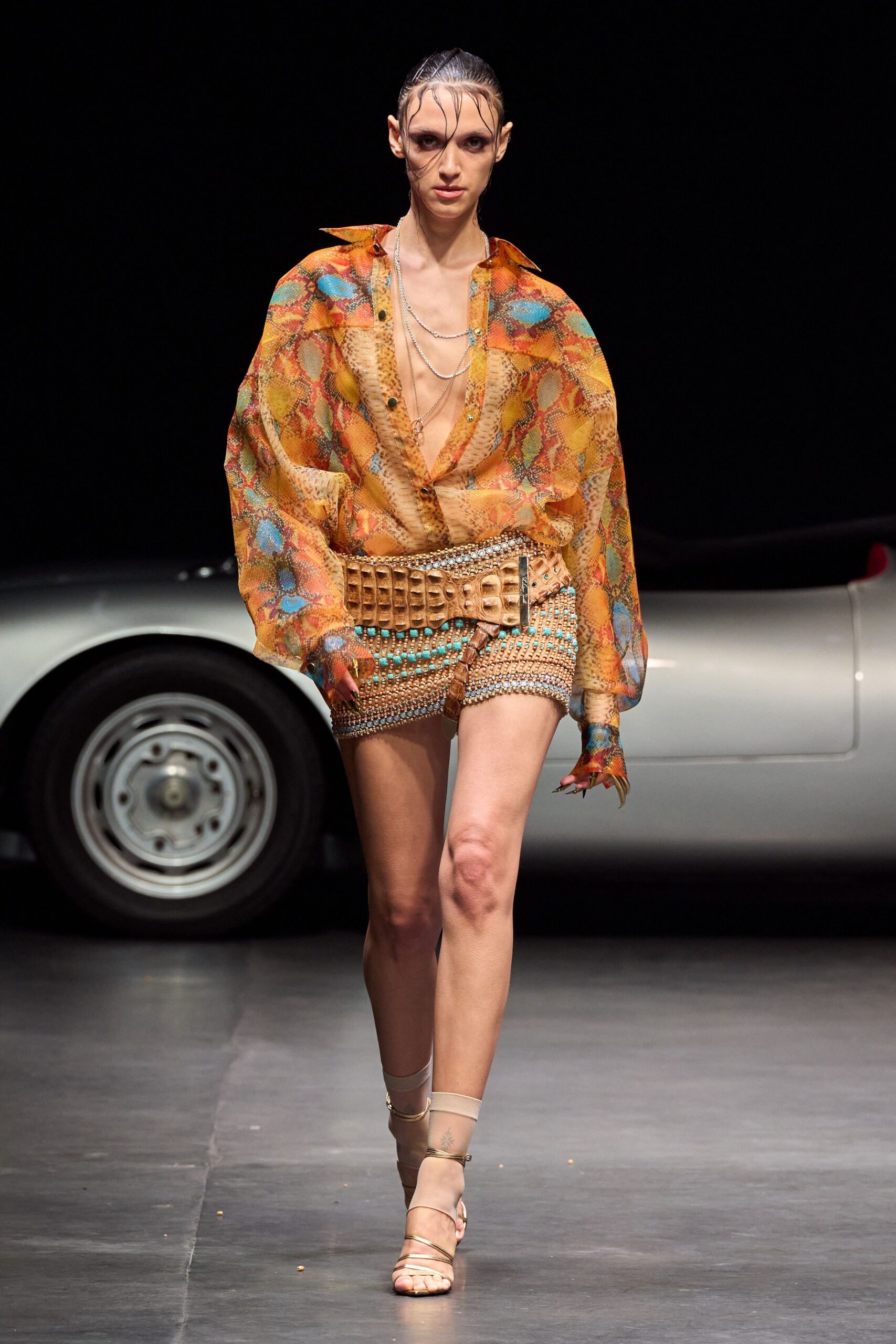 orange silk long-sleeve collared relaxed printed shirt