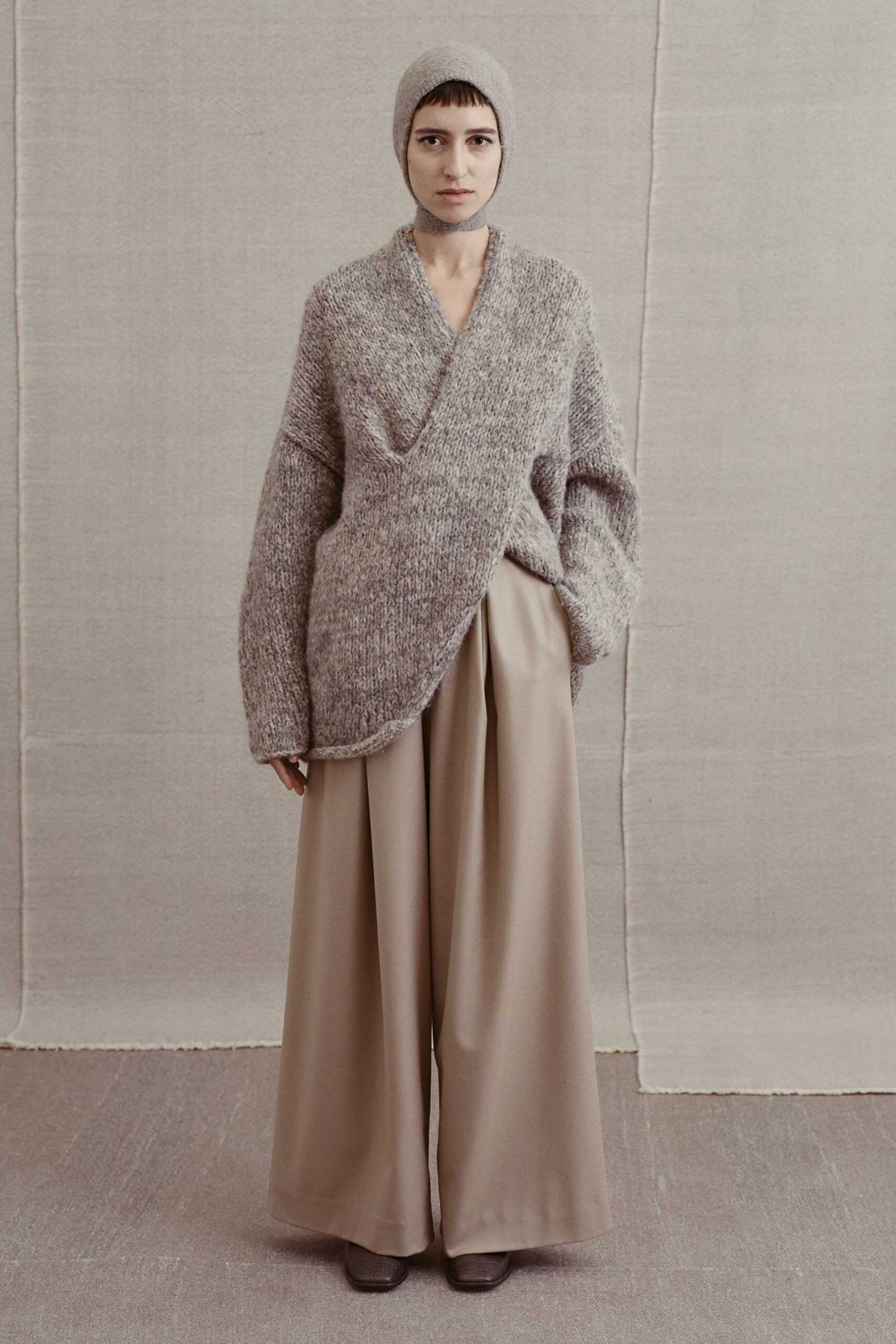 gray wool long-sleeve v-neck oversized draped sweater