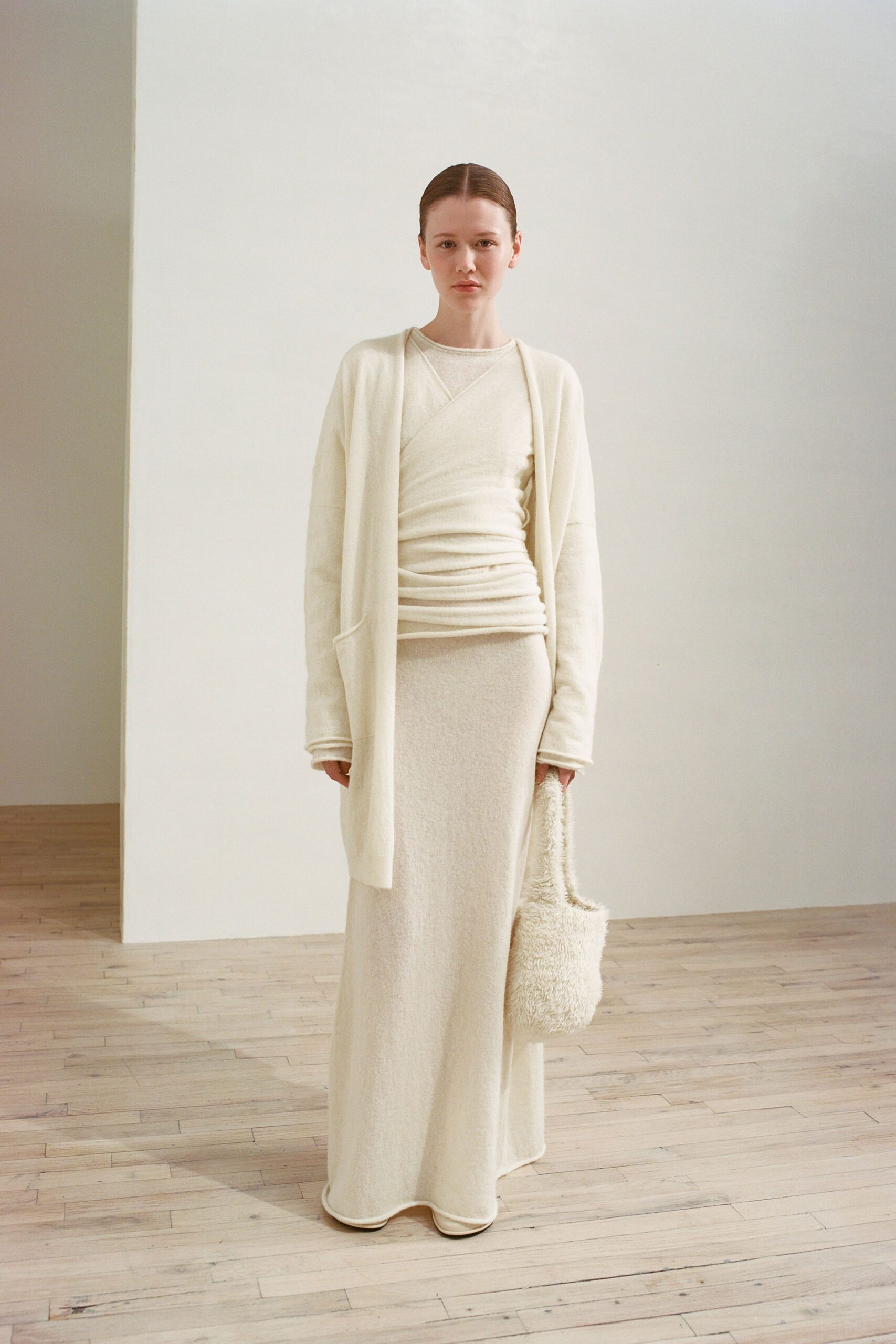 white cotton long-sleeve collared relaxed maxi cardigan