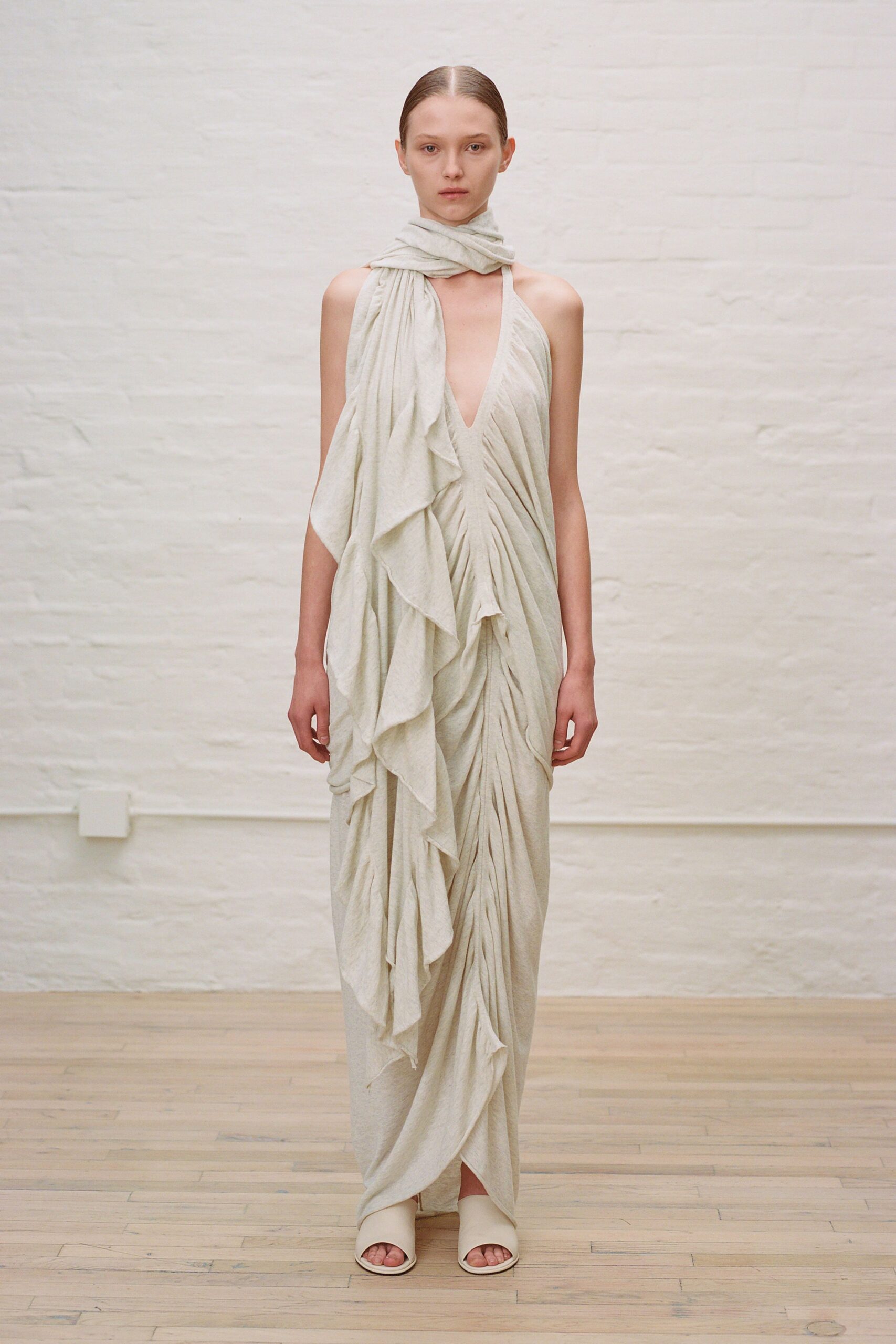 beige silk sleeveless v-neck fitted ruched draped gown