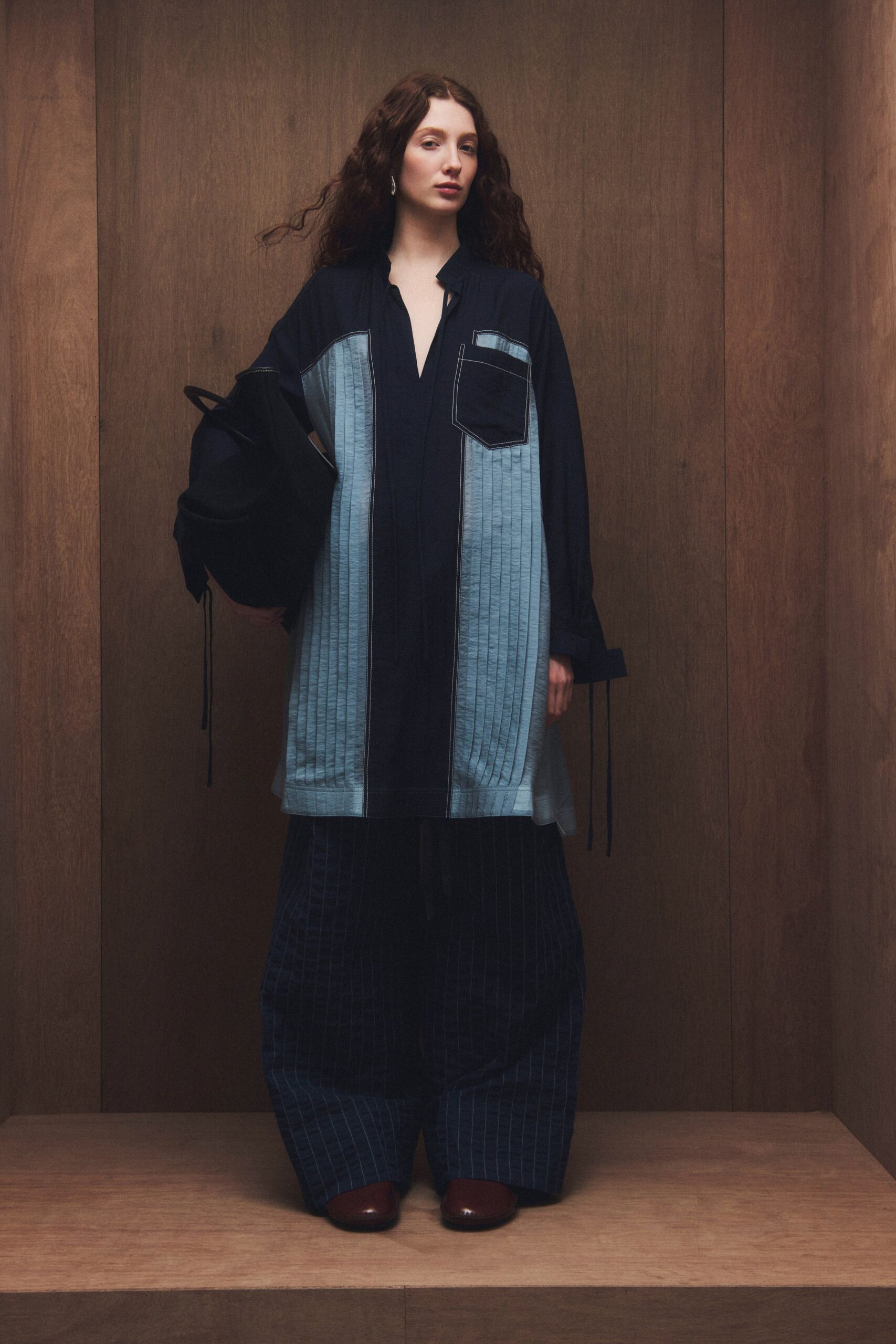 blue shirt-dress with wide-leg pants