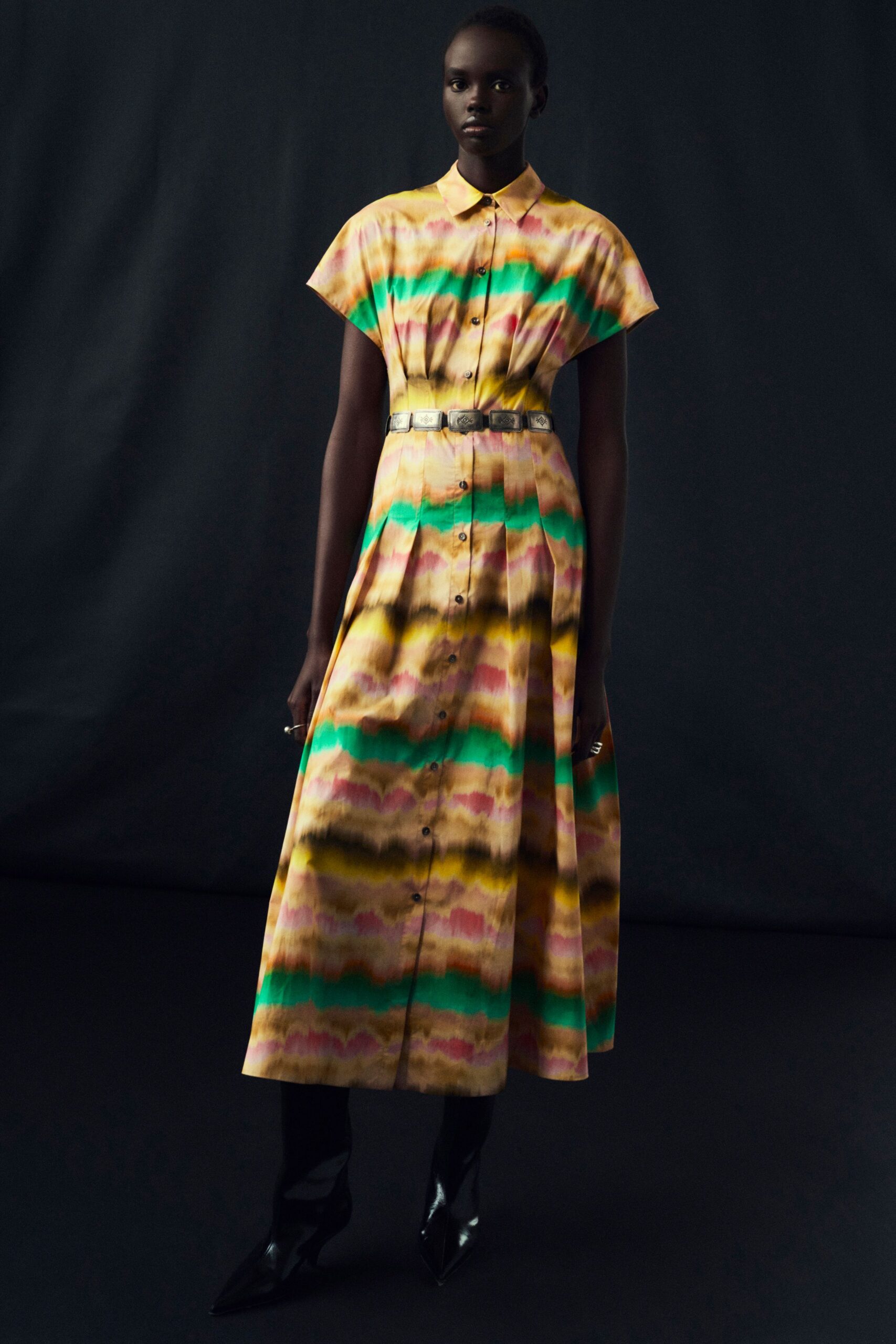 yellow cotton short-sleeve collared fitted buttoned tiered dress