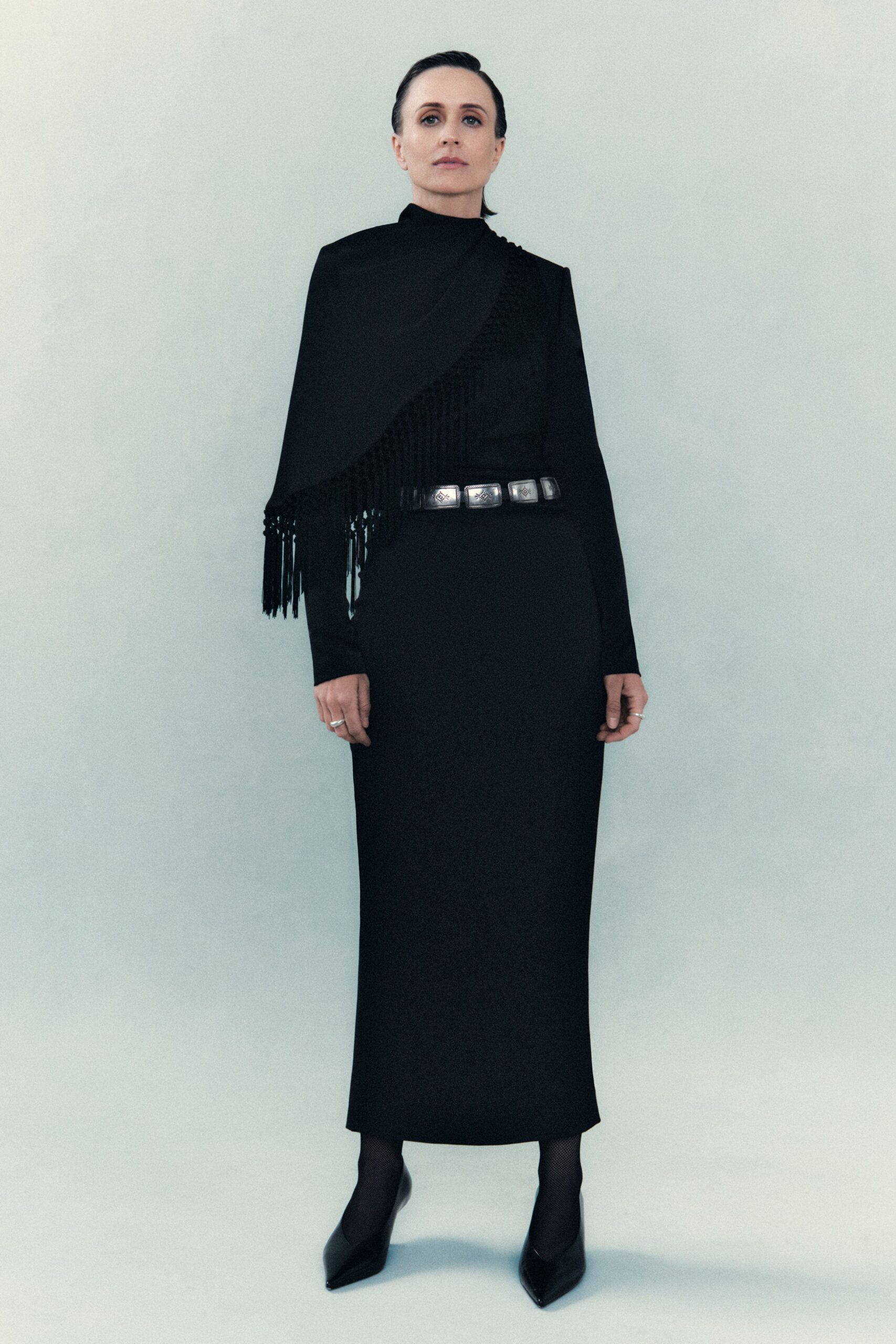 black fitted midi dress with fringed detail