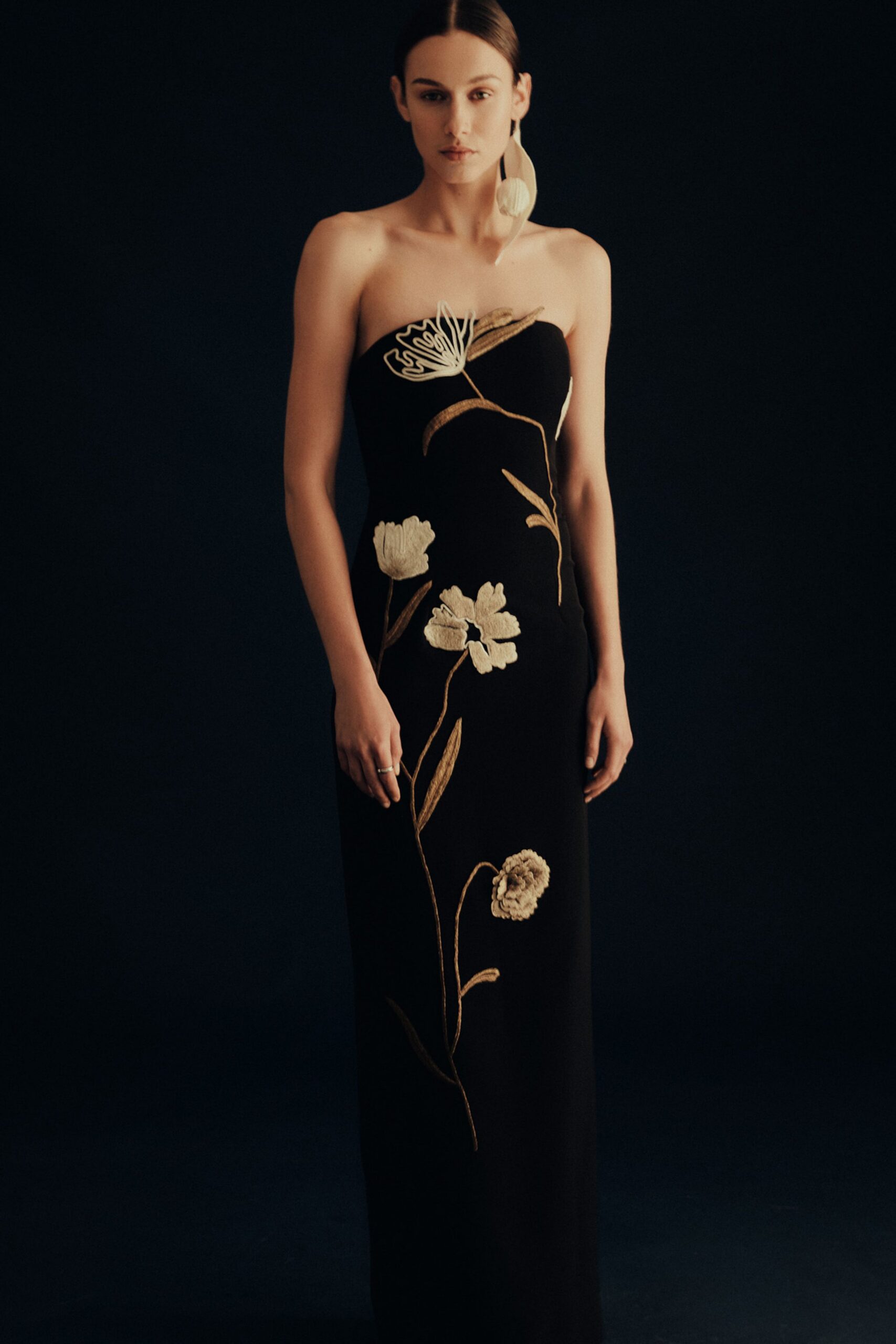 black silk strapless gown