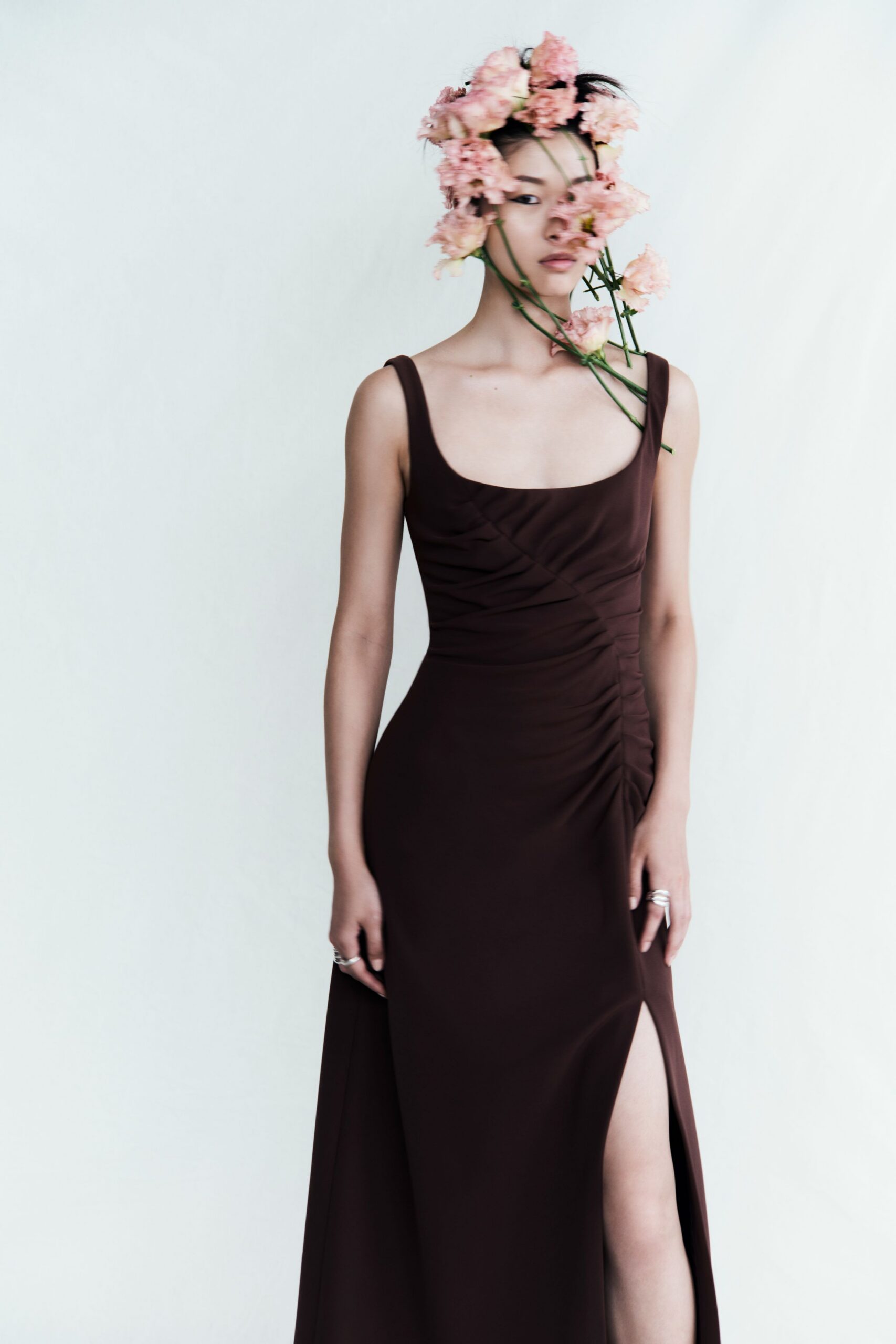 brown silk sleeveless gown