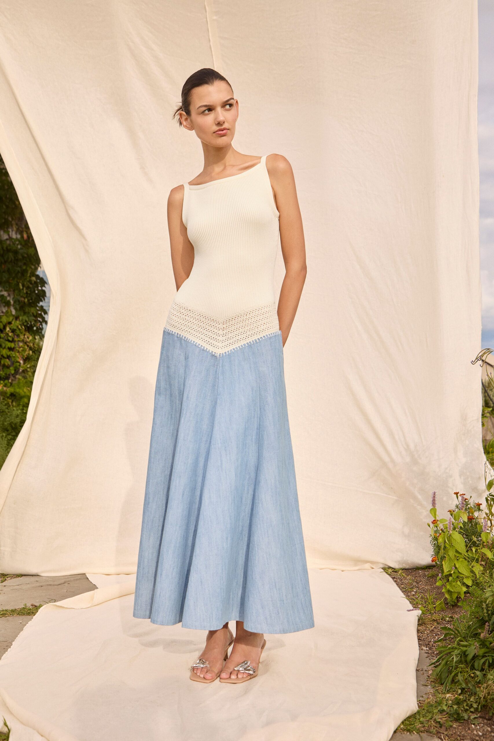 blue denim relaxed a-line maxi skirt