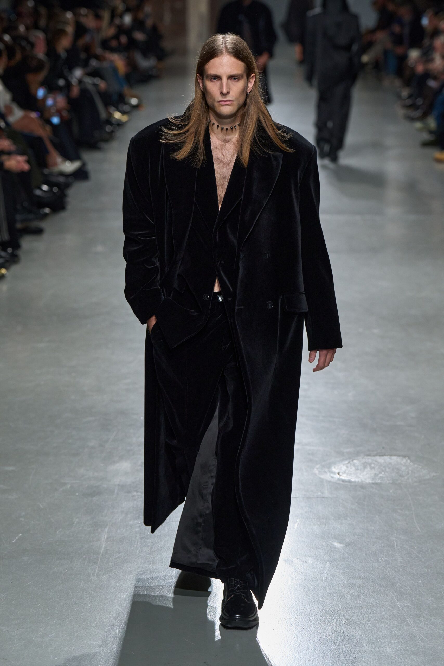 black velvet long-sleeve collared fitted shiny suit