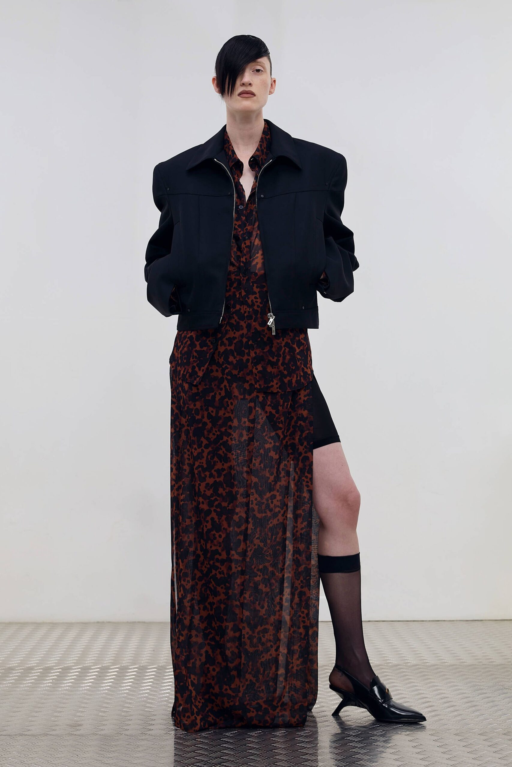 black silk long-sleeve collared fitted flared sheer dress