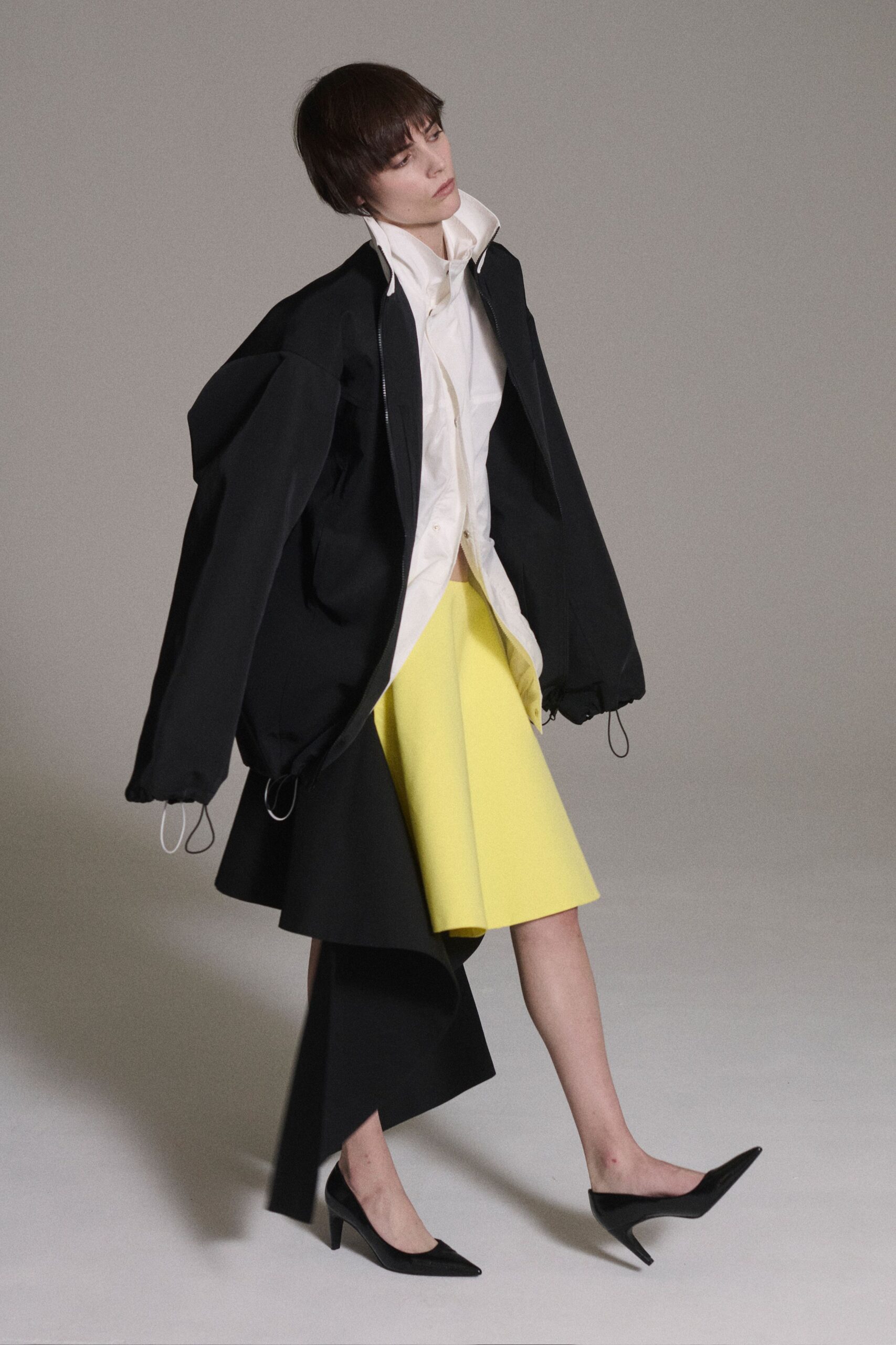yellow cotton structured a-line midi skirt