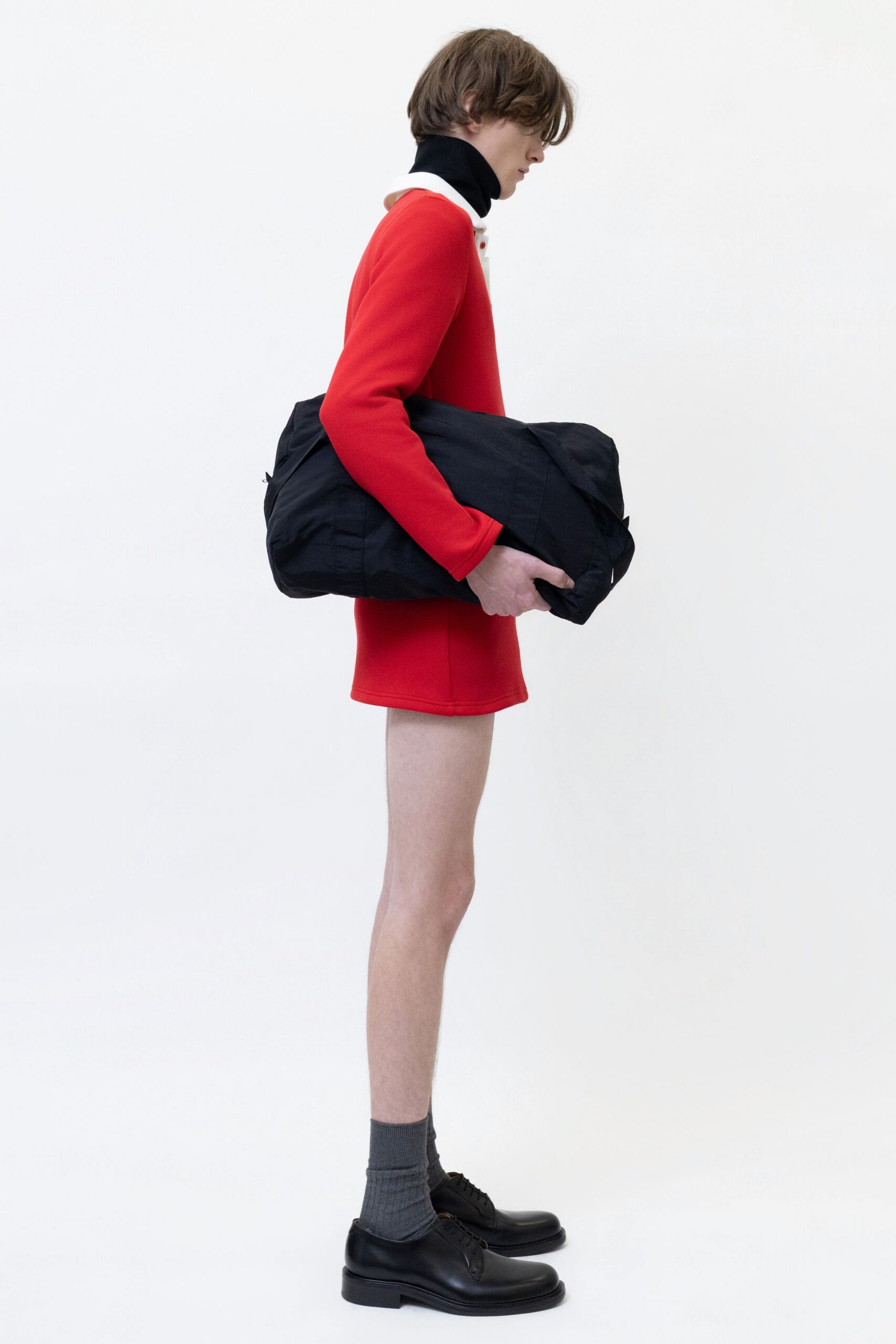red cotton long-sleeve collared fitted straight-leg mini dress