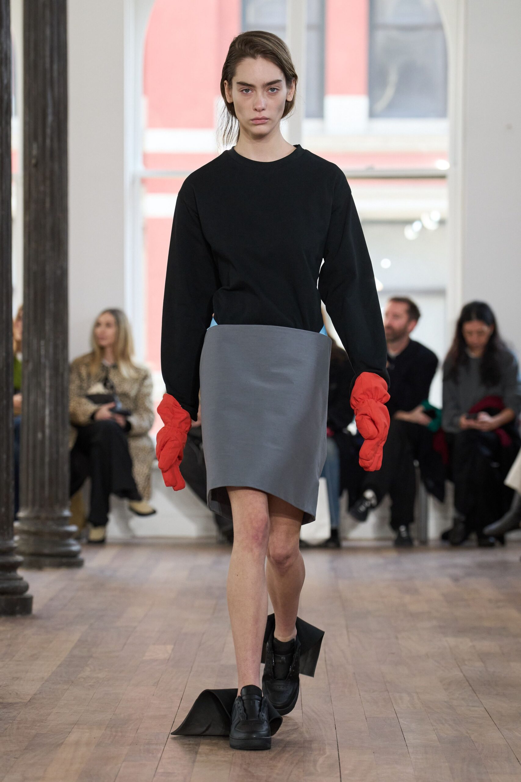 black fitted top gray asymmetric skirt