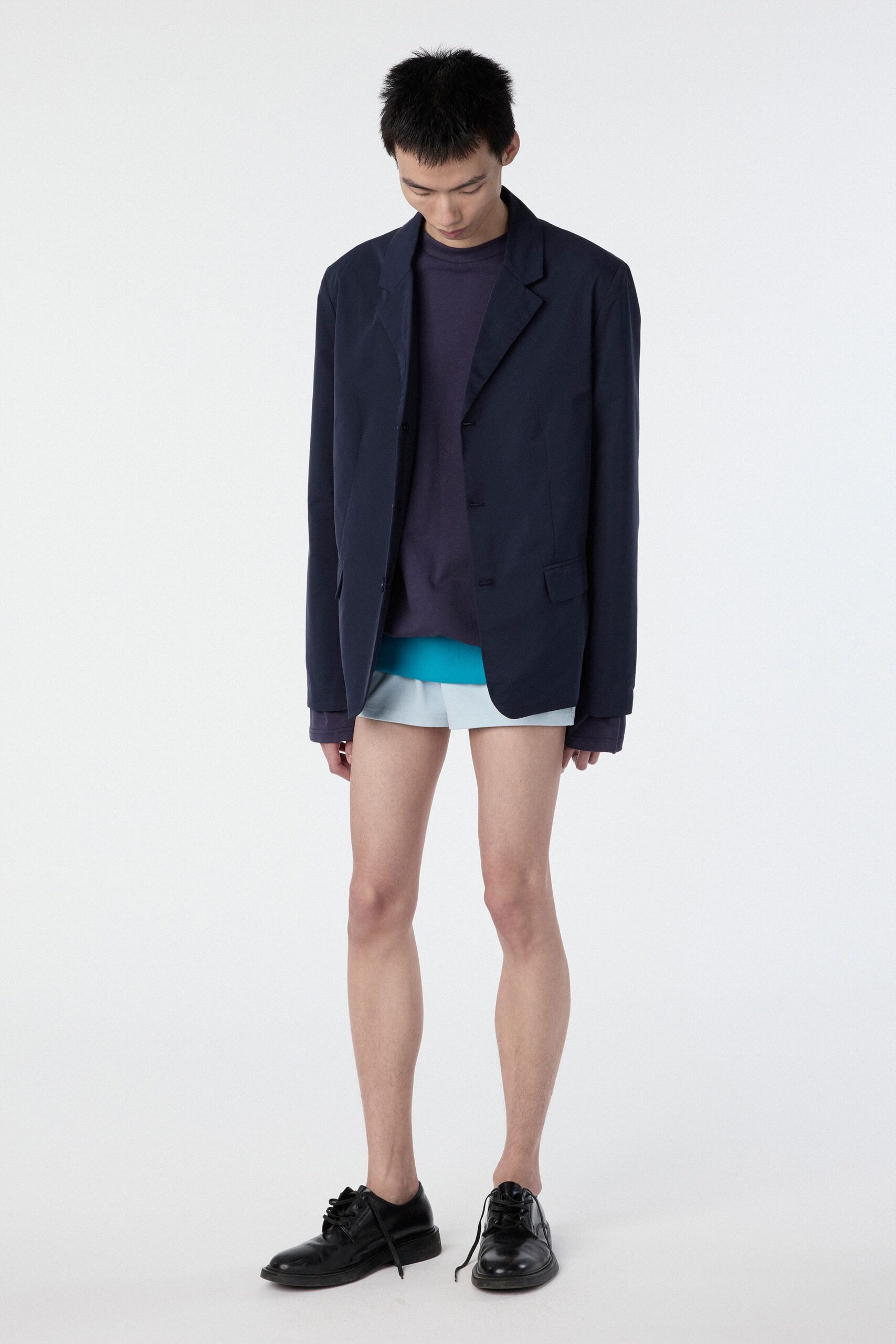 oversized navy blazer with purple sweater