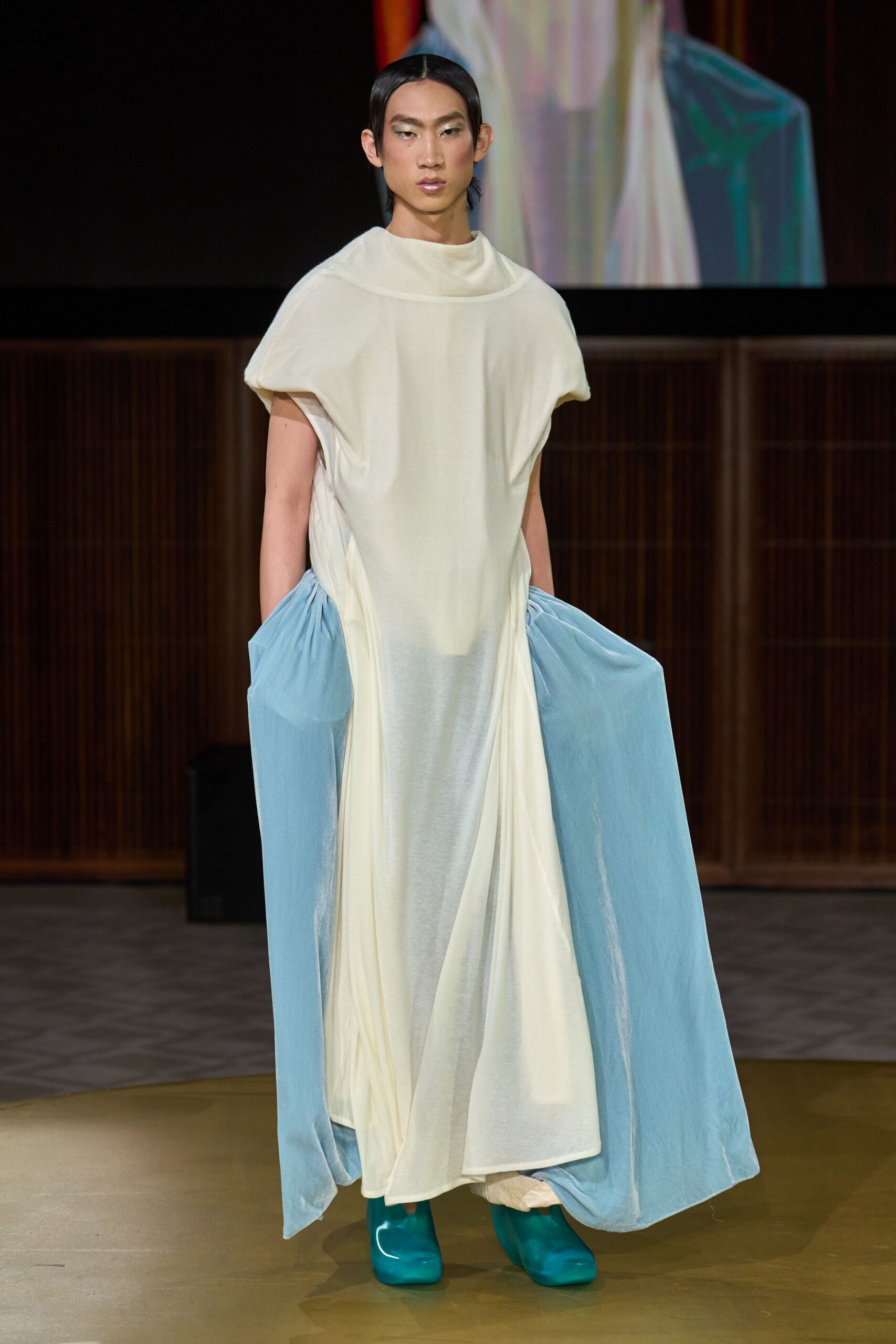 beige silk sleeveless high-neck relaxed layered flowing dress