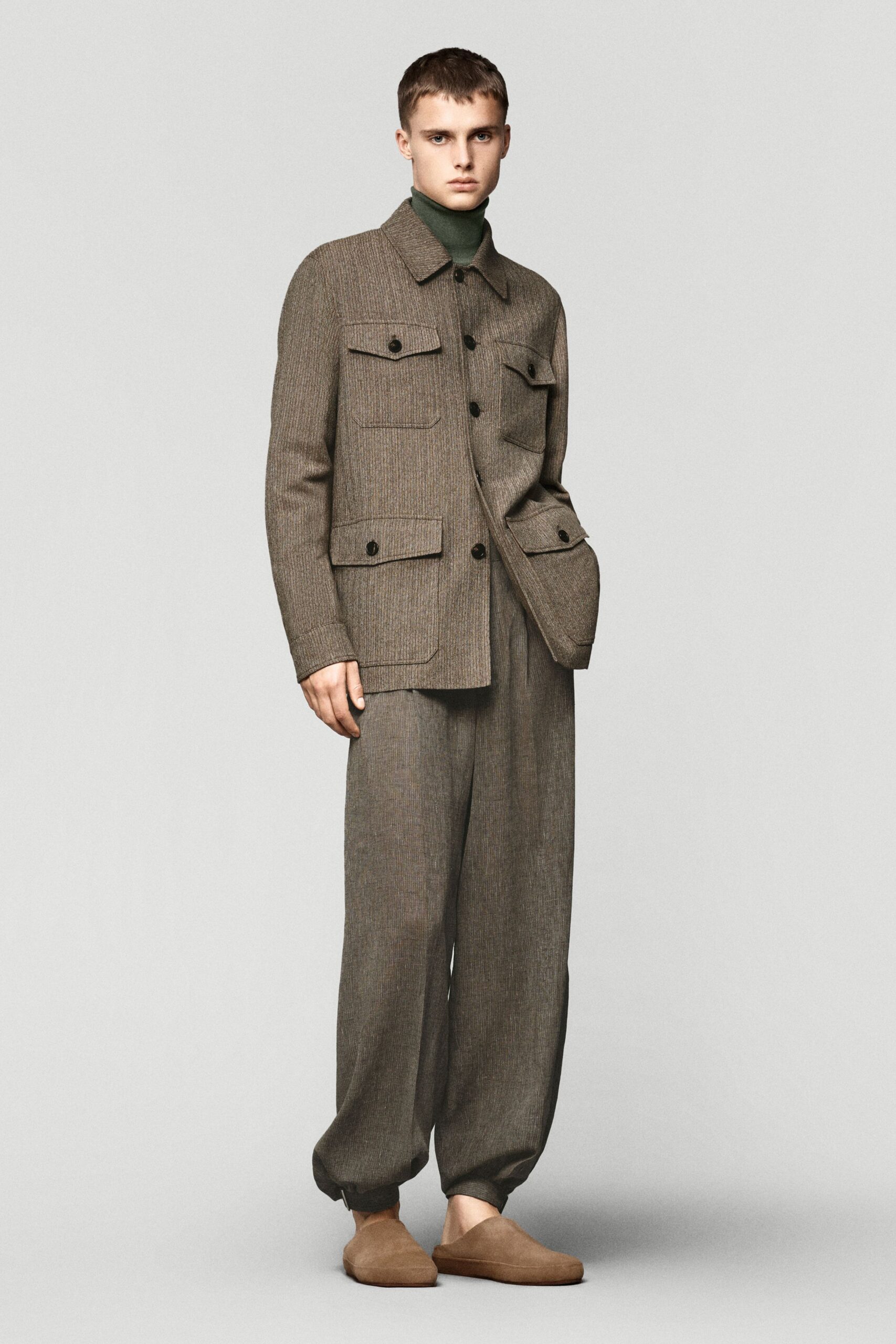 brown wool long-sleeve collared relaxed buttoned pockets jacket