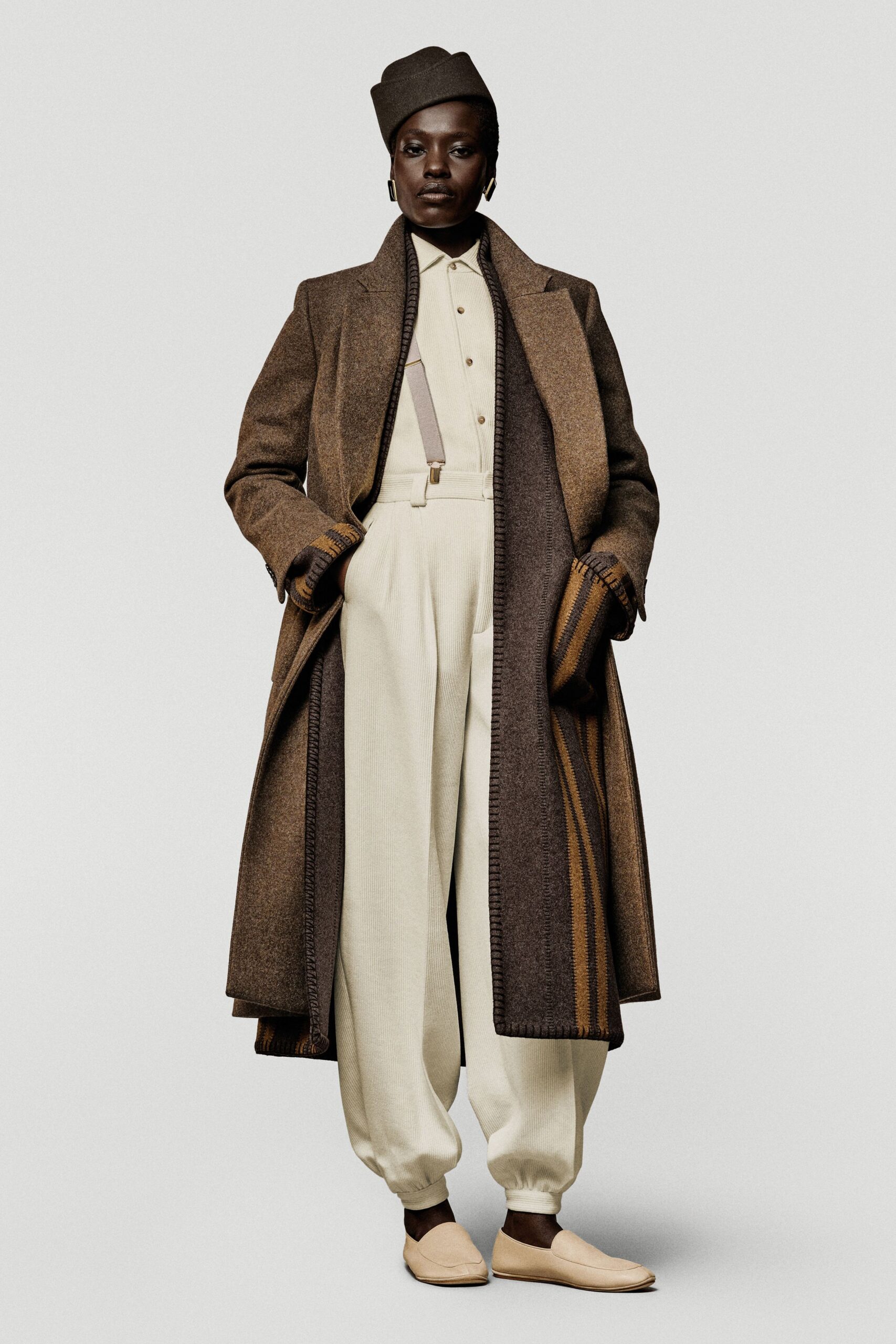 brown wool long-sleeve collared relaxed layered coat