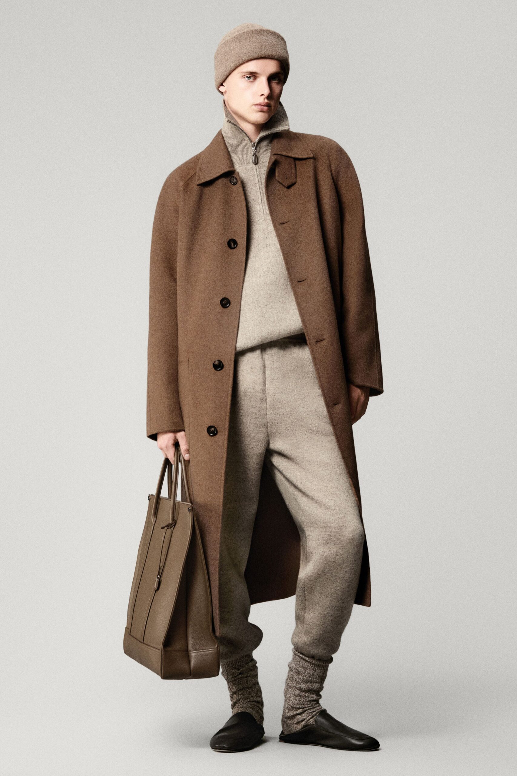 brown wool long-sleeve collared relaxed buttoned maxi coat