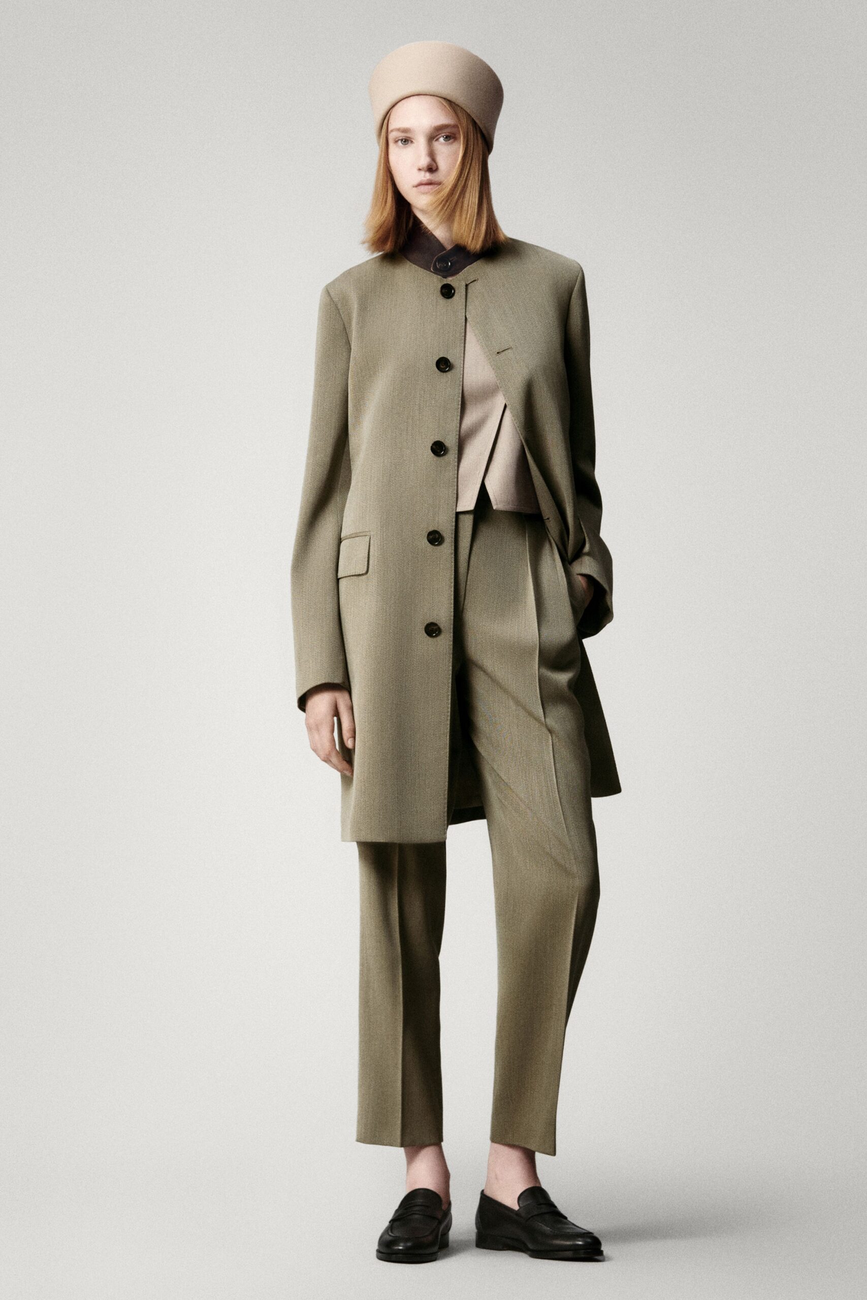 beige wool slim straight-leg pants