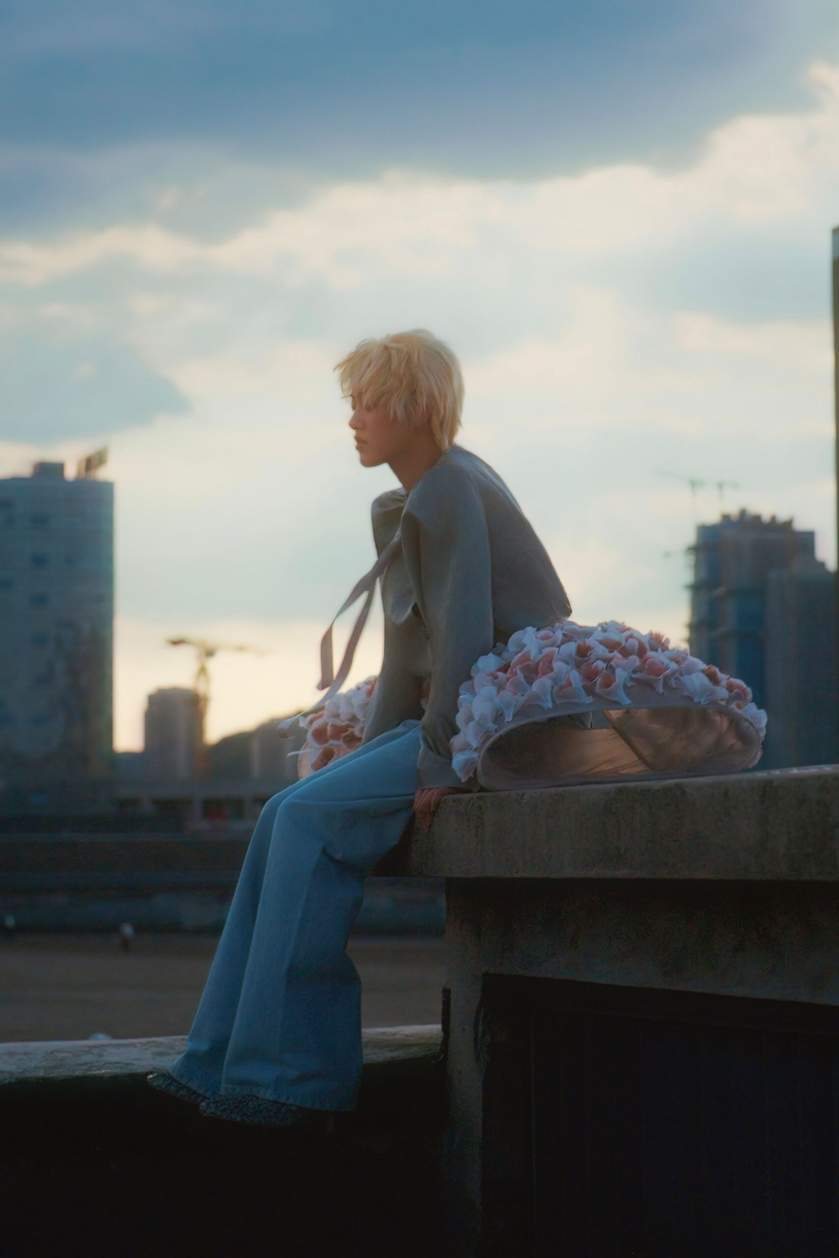blue denim fitted high-waisted flared pants