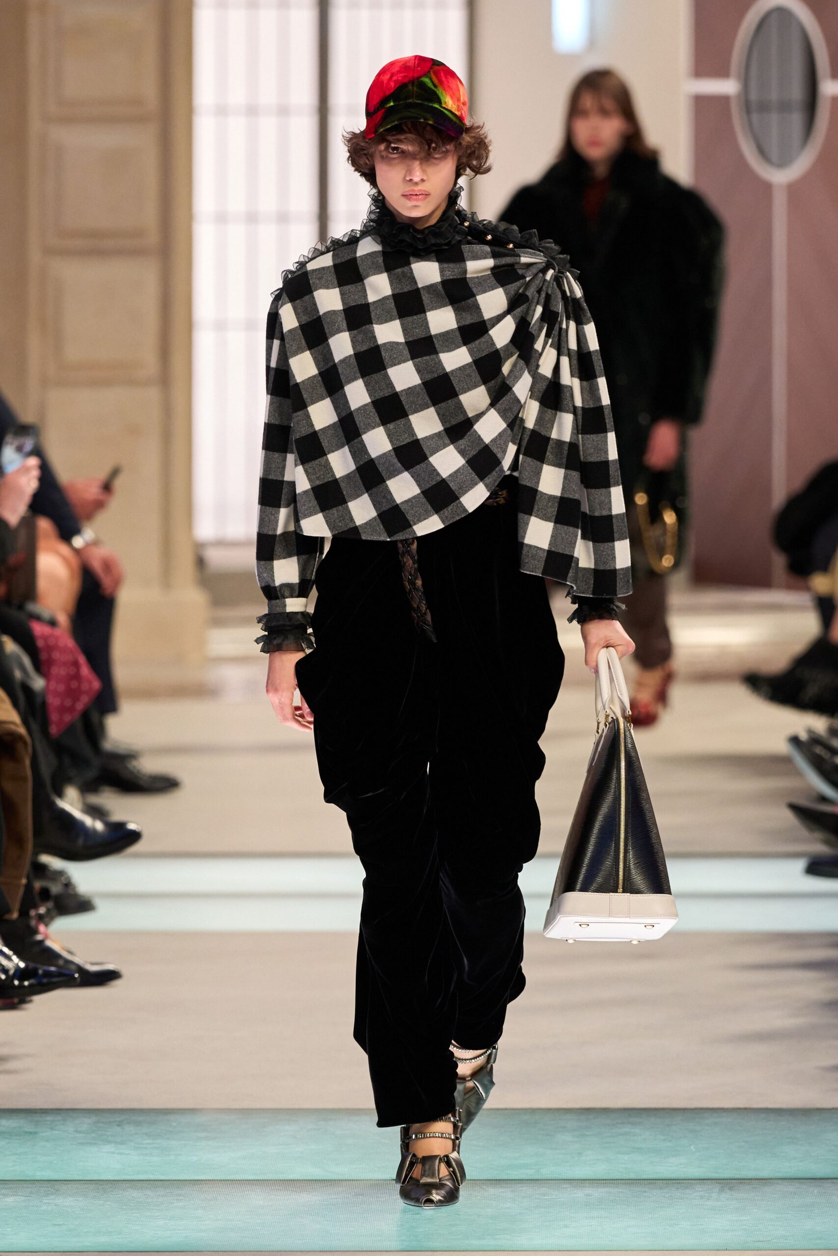 checked wool cape with velvet pants