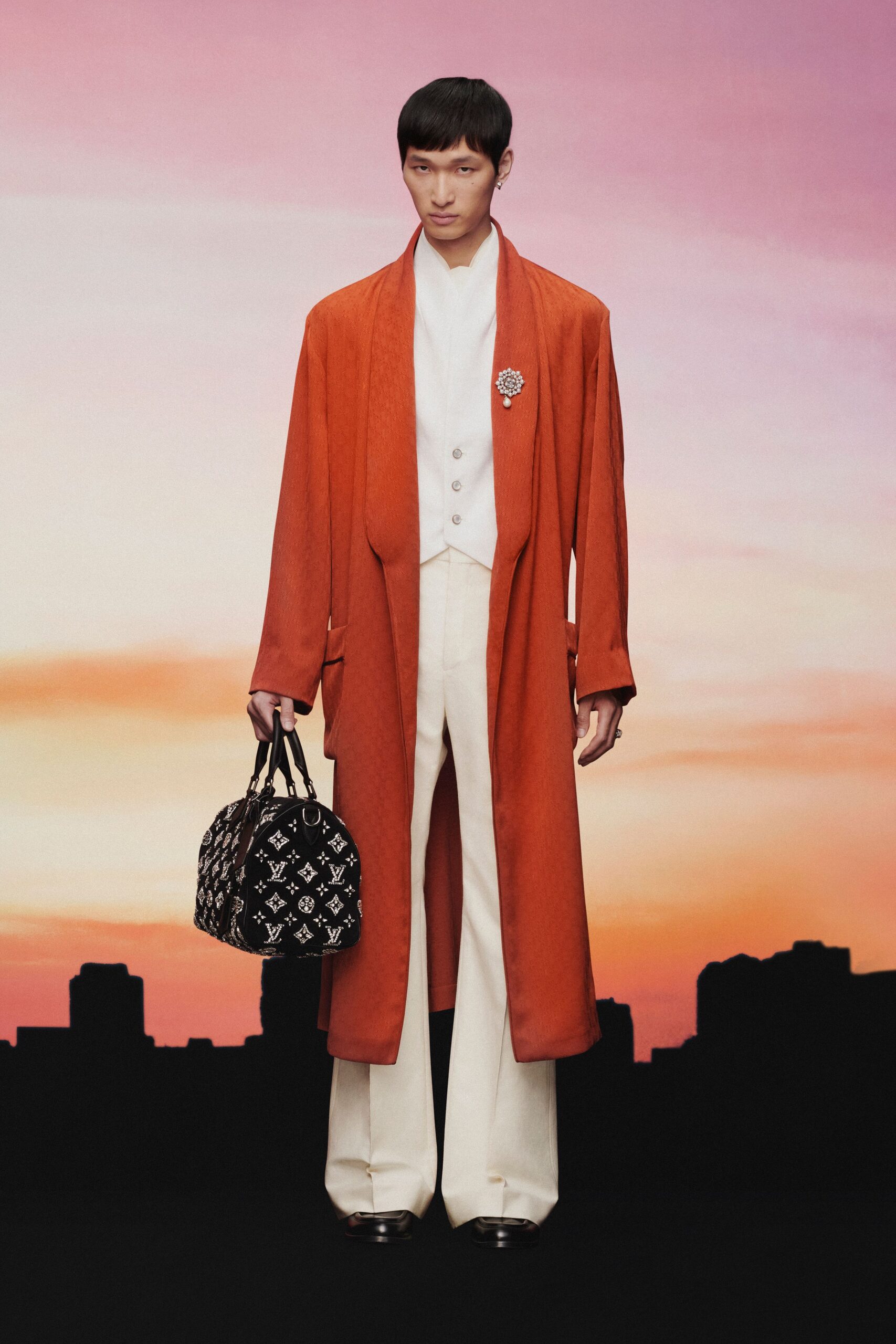 orange silk long-sleeve relaxed draped coat
